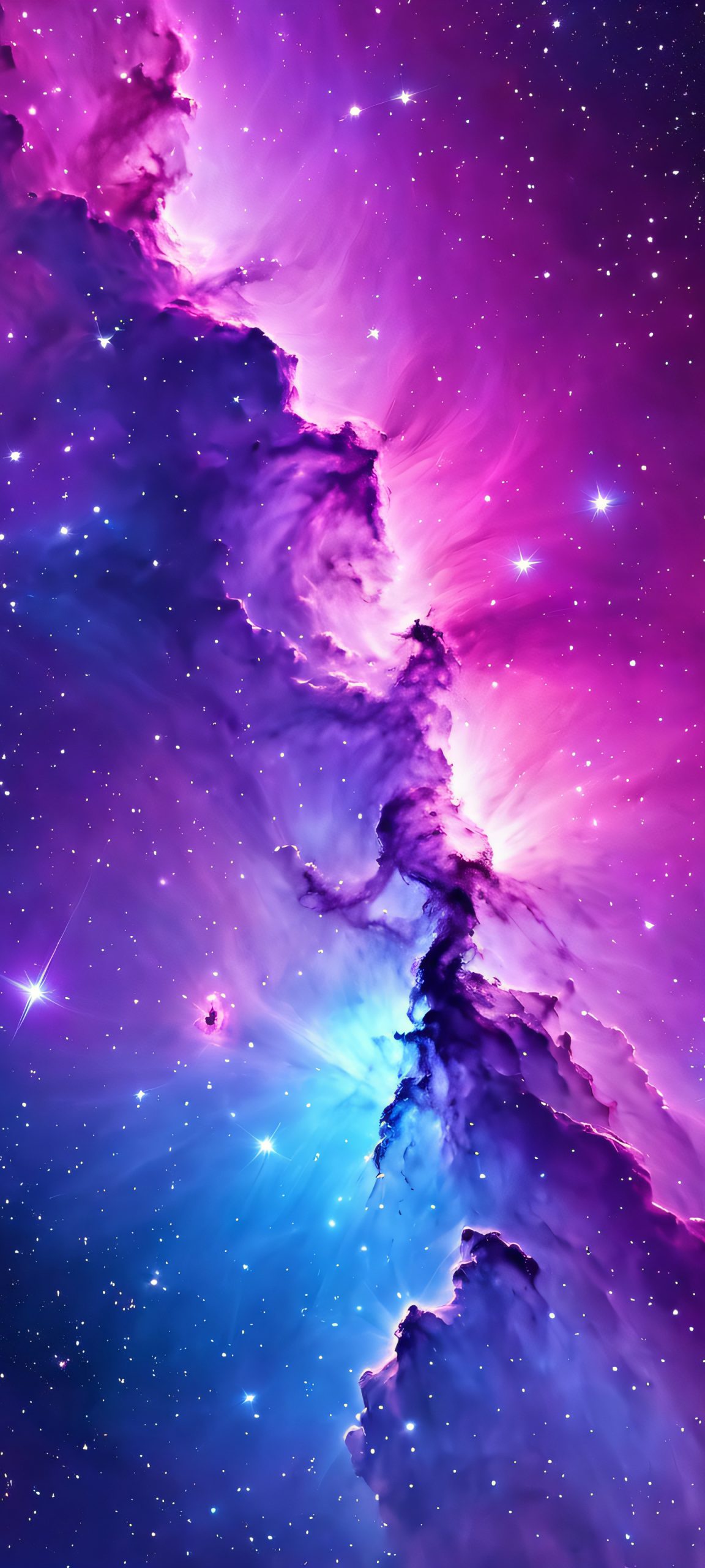 Stellar Night 2K Phone Wallpaper Breathtaking iPhone and Android phone wallpaper of a stunning nebula in shades of pink, purple, and blue, perfectly optimized for your mobile device.