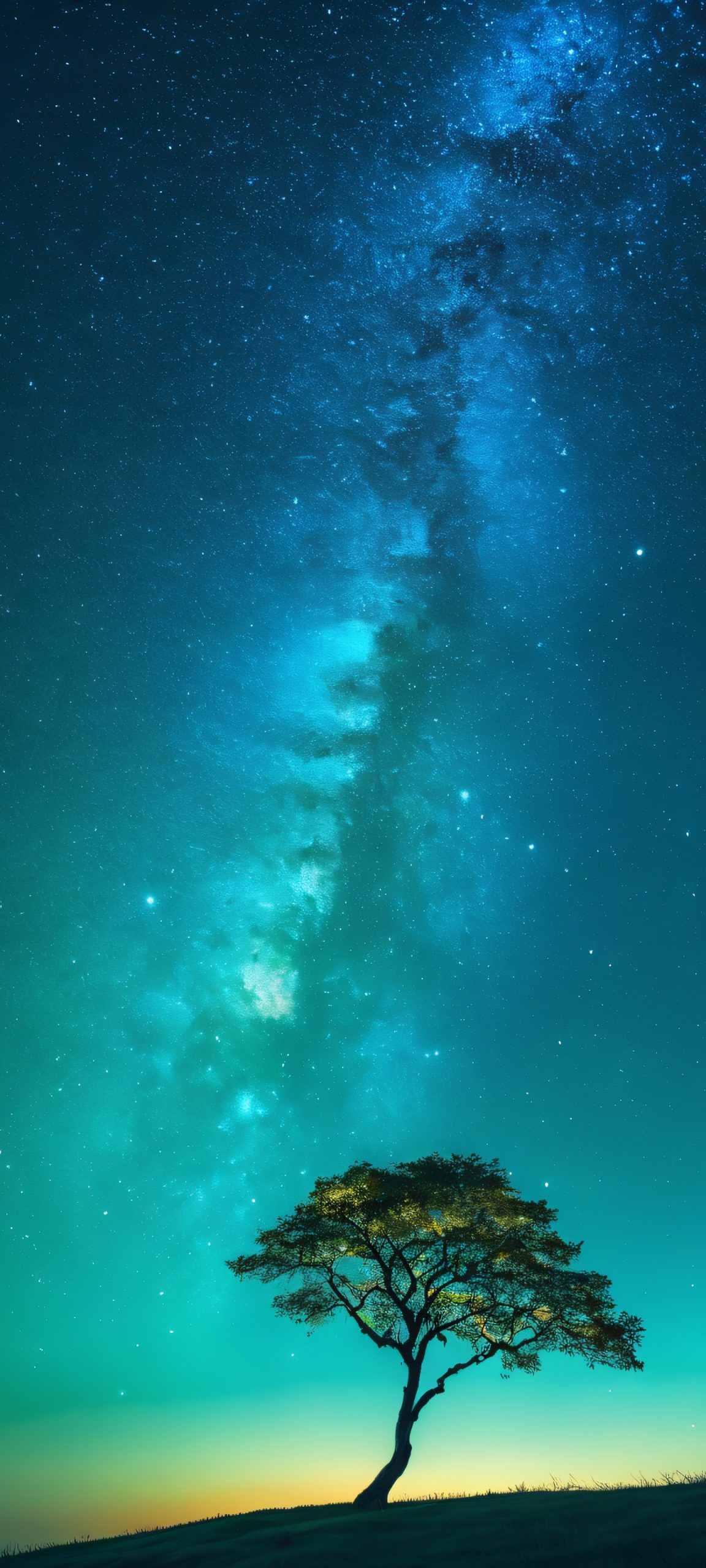 iPhone and Android wallpaper featuring a stunning lone tree against a starry night sky, perfect for your mobile device's home screen.
