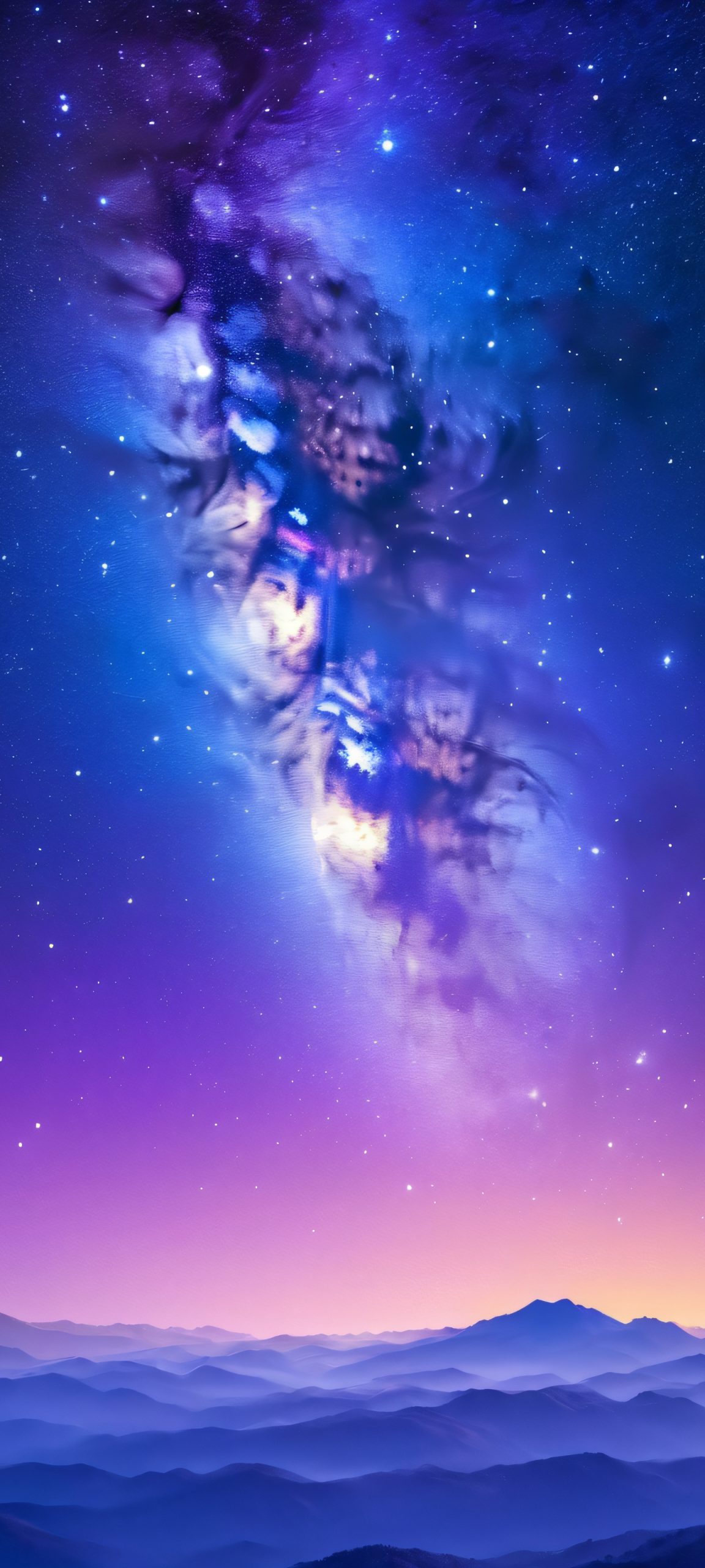 Stellar night sky iPhone and Android wallpaper featuring shimmering stars, moonlit landscape, and a splash of blue, purple, and gold colors.