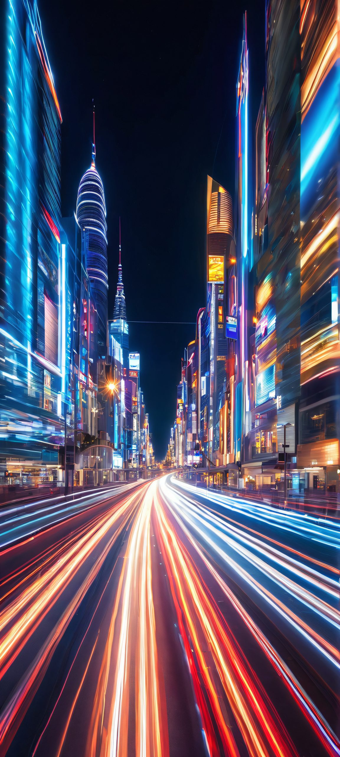 Stellar Nightscape 2K QHD Home Screen Breathtaking cityscape at night with vibrant light trails and stars, perfect for iPhone or Android home screen.