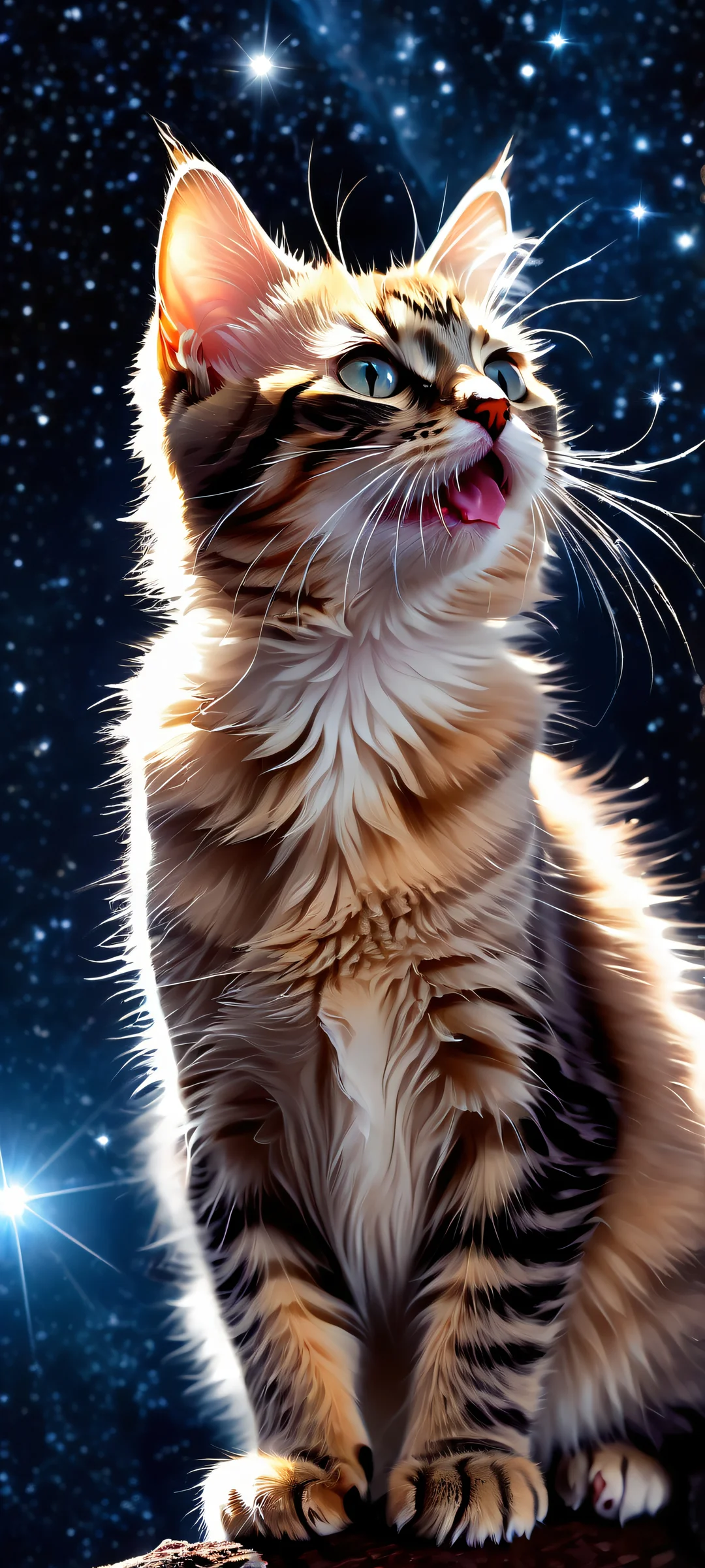 A majestic kitten silhouette stands out against a starry night sky, perfectly optimized for iPhone and Android home screens.