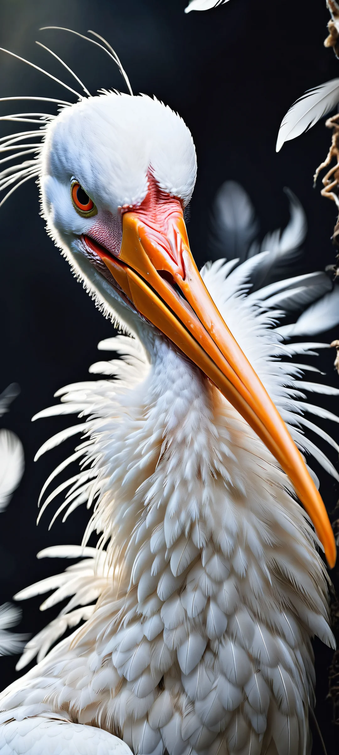 A stunning closeup of a stork surrounded by feathers and animals. Perfect for iPhone/Android home screens.