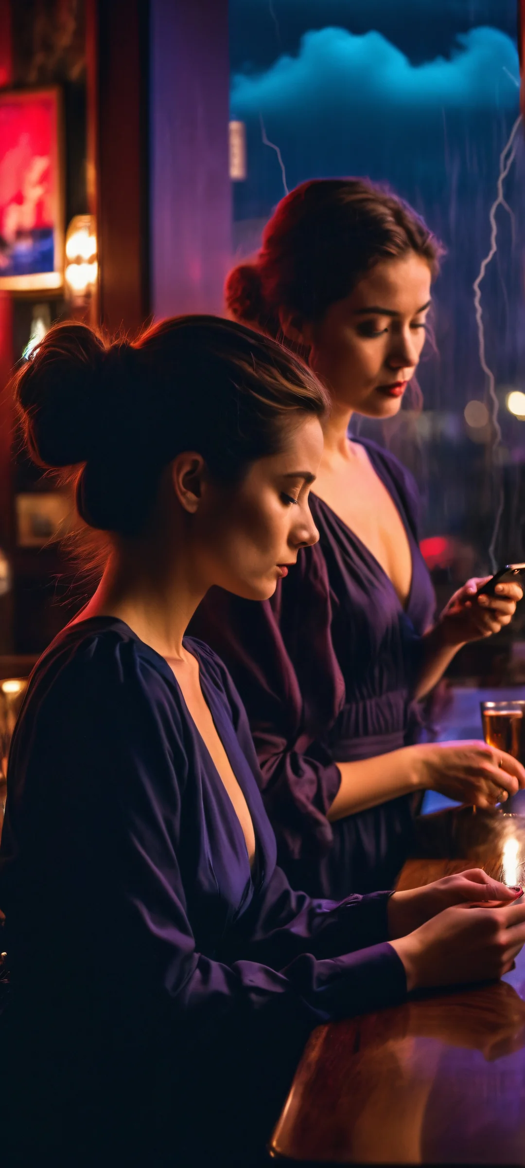 Two figures in a dark bar against a stormy night backdrop with lightning flashes, optimized for iPhone/Android