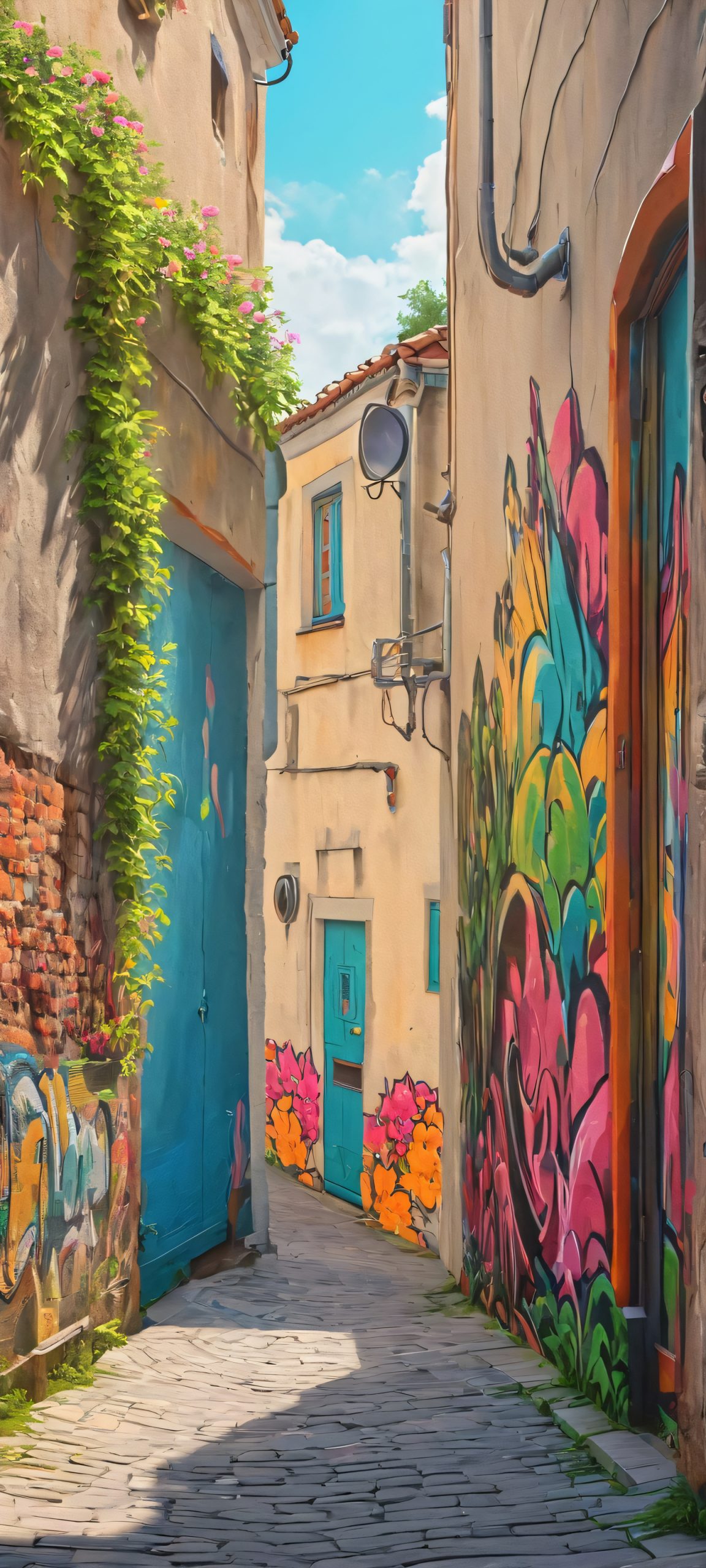 Street Art Oasis QHD Smartphone Background Urban street art artwork on a cloudy day, perfect for iPhone and Android devices.