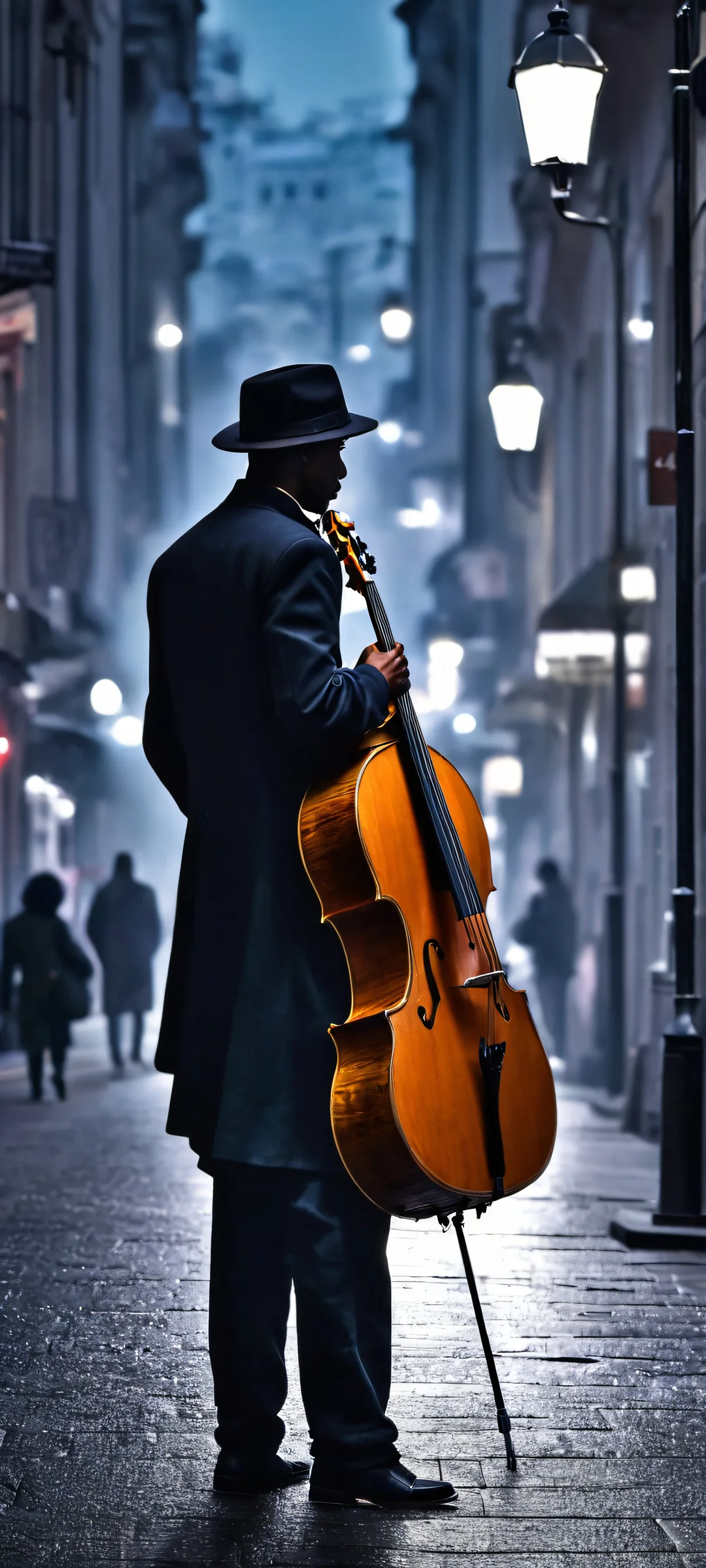 A street musician playing a grand piano on a rainy city street. iPhone や Android のホーム画面に最適.