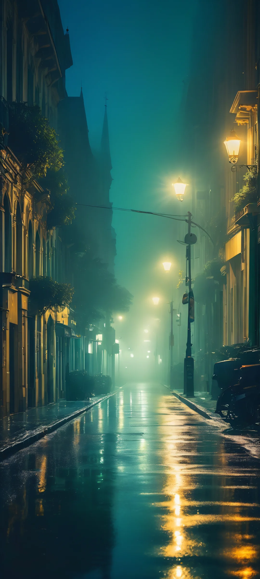 A stunning vertical mobile wallpaper of a foggy street at night, perfectly reflective and moody, Ideal für iPhone- und Android-Startbildschirme.