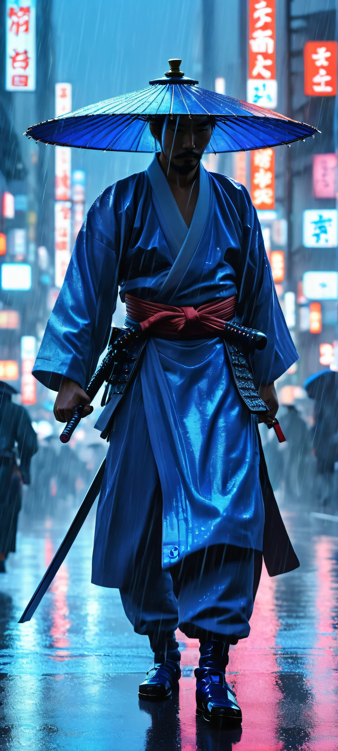 A Street Samurai stands tall on a rainy Tokyo street at morning glow. Perfectly optimized for iPhone, Samsung Galaxy, and Android home screens.