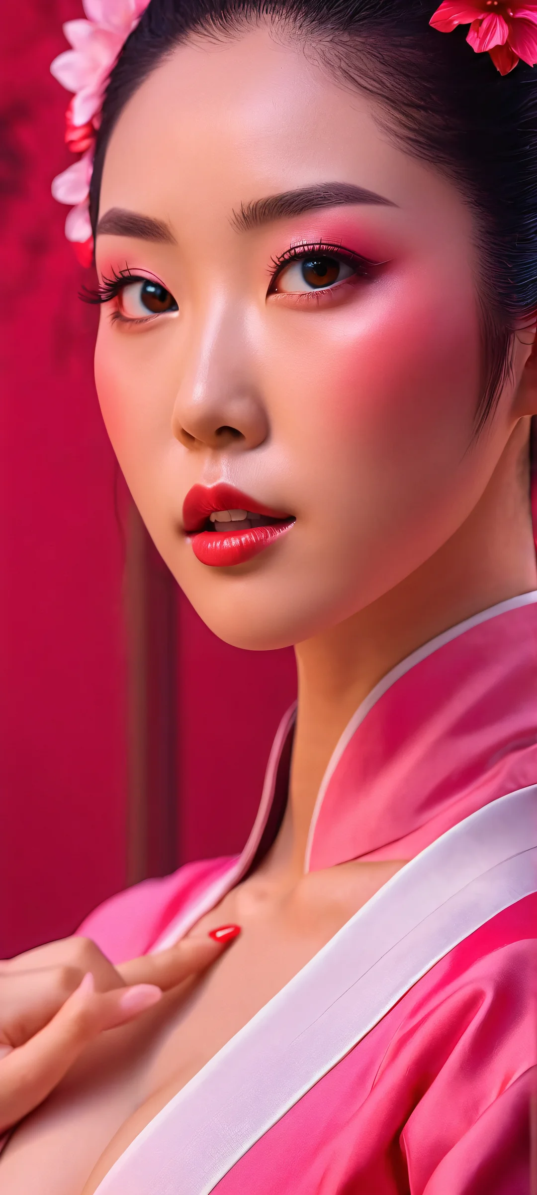A beautiful Asian-inspired cosplayer in a pink-red themed costume on an iPhone/Android mobile phone wallpaper.