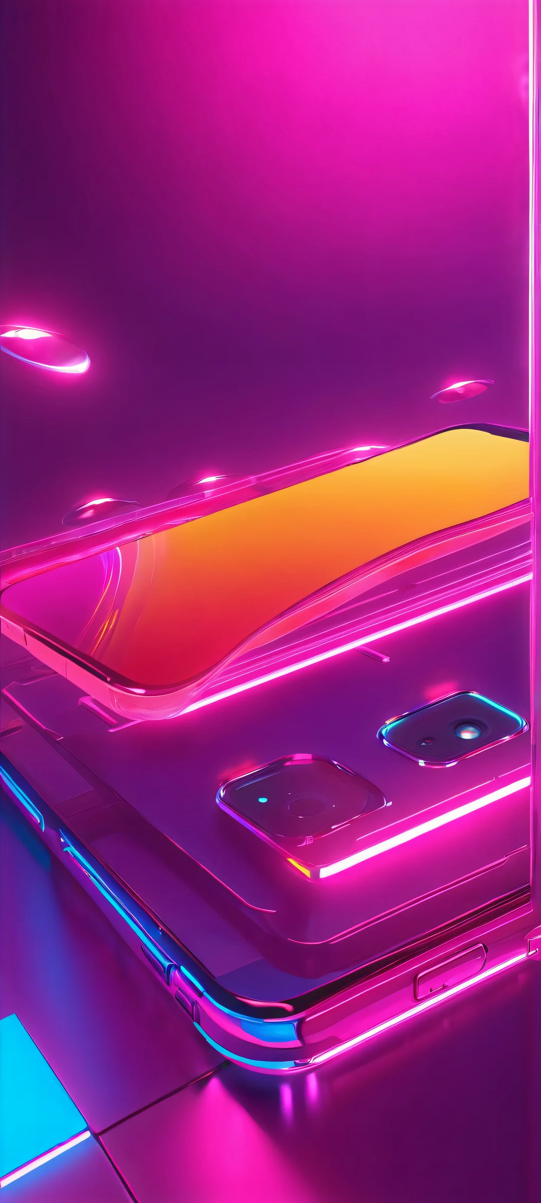 Sungoddess in Cyberpunk Utopia 2K QHD Home Screen iPhone and Android compatible mobile wallpaper of Sungoddess set against a vibrant CosmicCityscape with neon lights and a SolarFlare backdrop, featuring pinkish orange and electric blue hues.