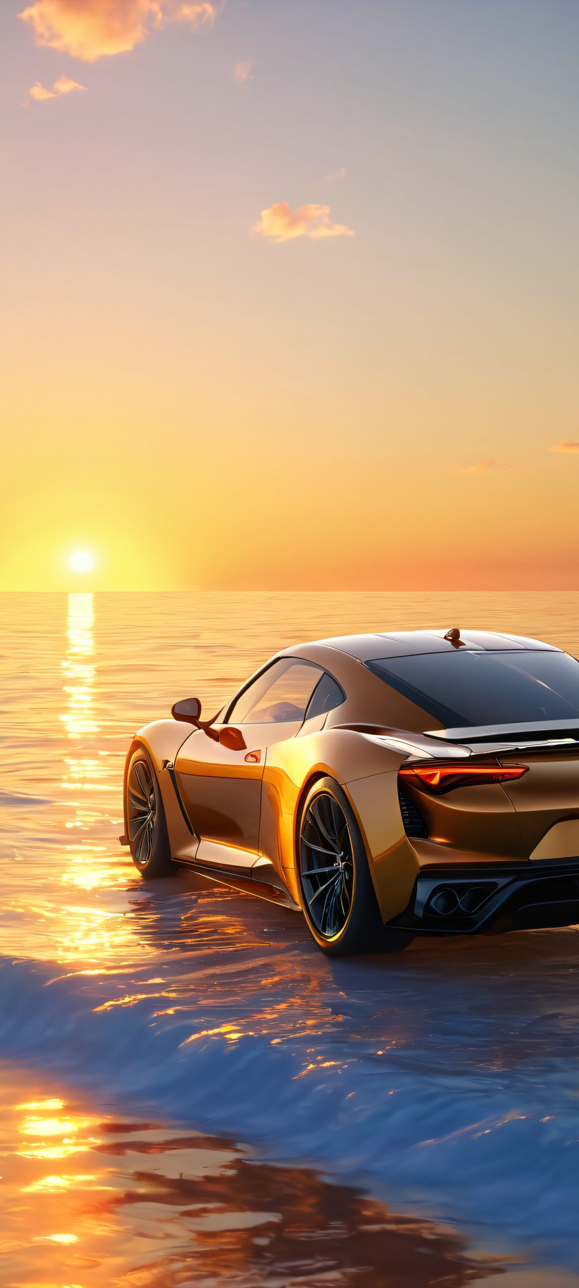 A stunning golden hour scene of a car on the ocean horizon, perfect for iPhone/Android