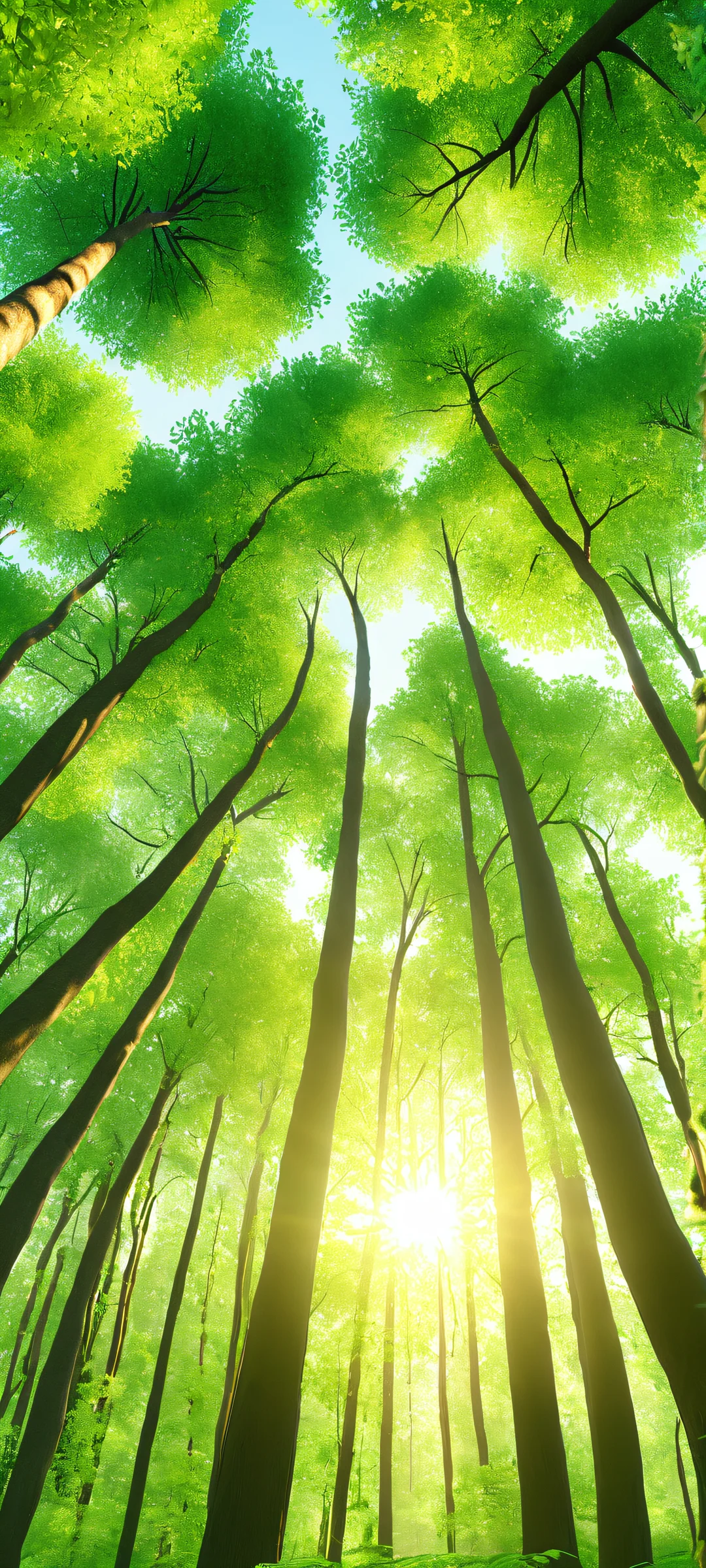 A serene mobile wallpaper featuring sunlit trees and a vibrant forest scene, perfectly suitable for iPhone/Android devices.