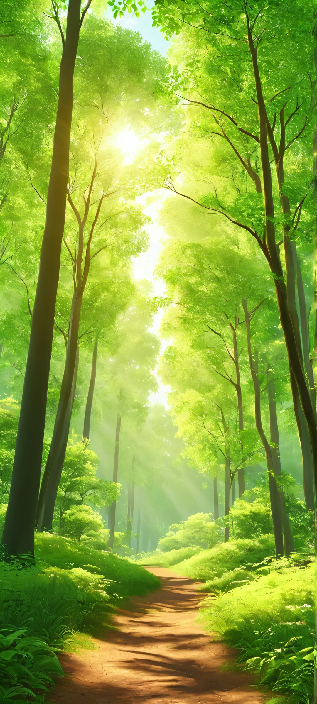 A serene and realistic forest scene featuring tall trees bathed in warm sunlight. Parfait pour les écrans d'accueil iPhone ou Android.