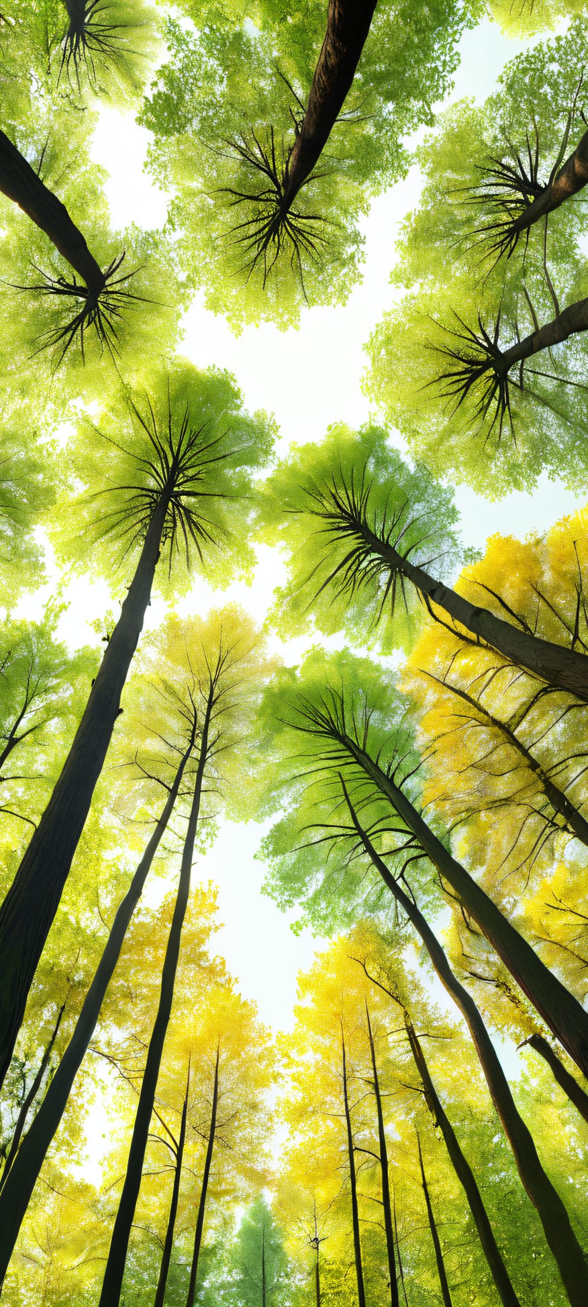 Ivory iPhone/Android vertical mobile wallpaper with tall trees, forest floor, and emerald green, earth tones, and sunlit yellow hues