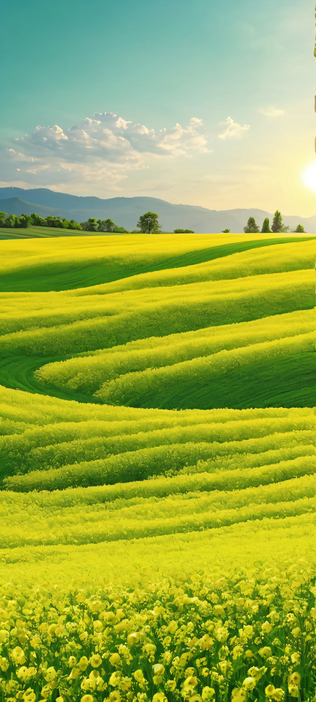 Sunlit Meadow Escapade Lock Screen for iOS & Android A serene iPhone/Android wallpaper featuring a sun-drenched meadow with lush greenery and vibrant wildflowers against a blue sky.