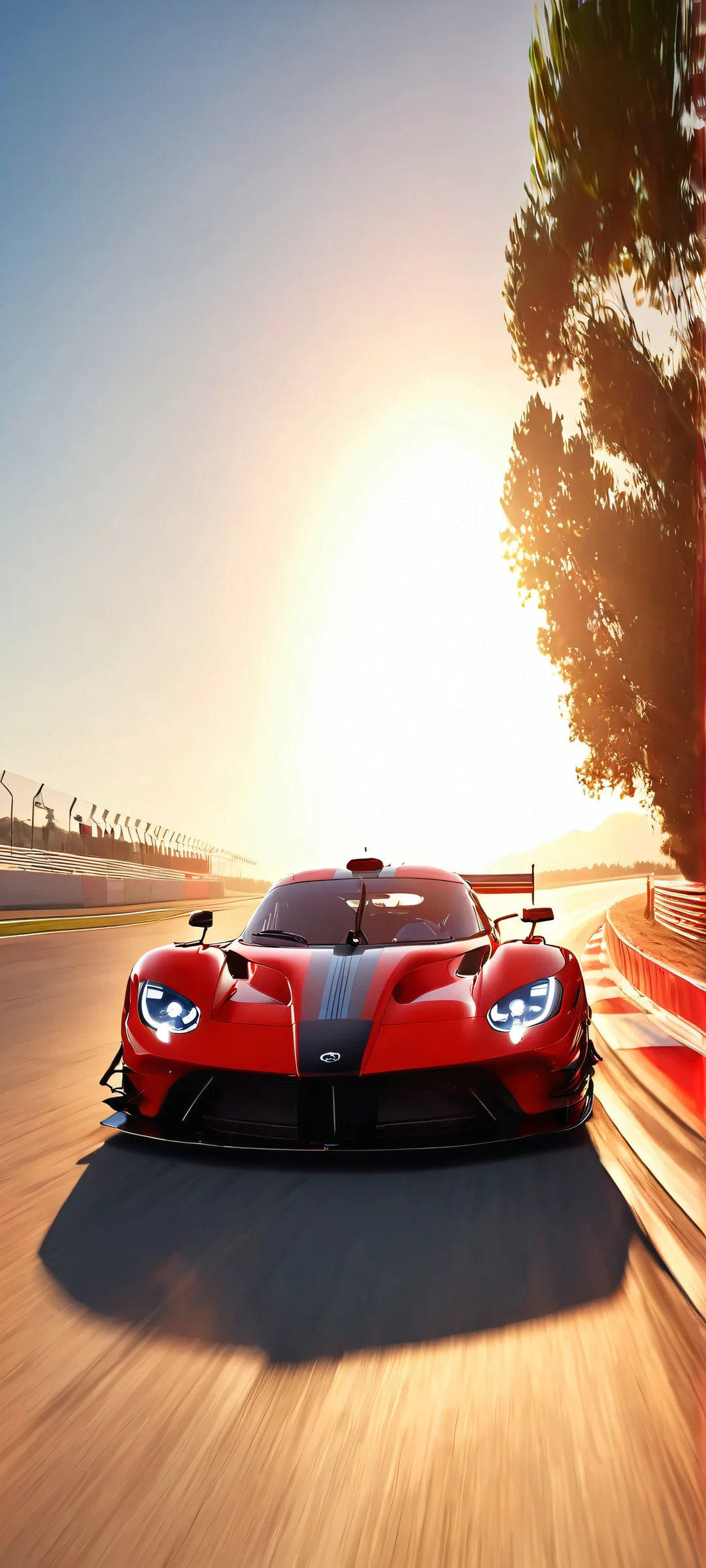A stunning vertical mobile wallpaper featuring a red vehicle racing down a sunlit track - perfectly optimized for iPhone, Samsung Galaxy, and Android home screens.