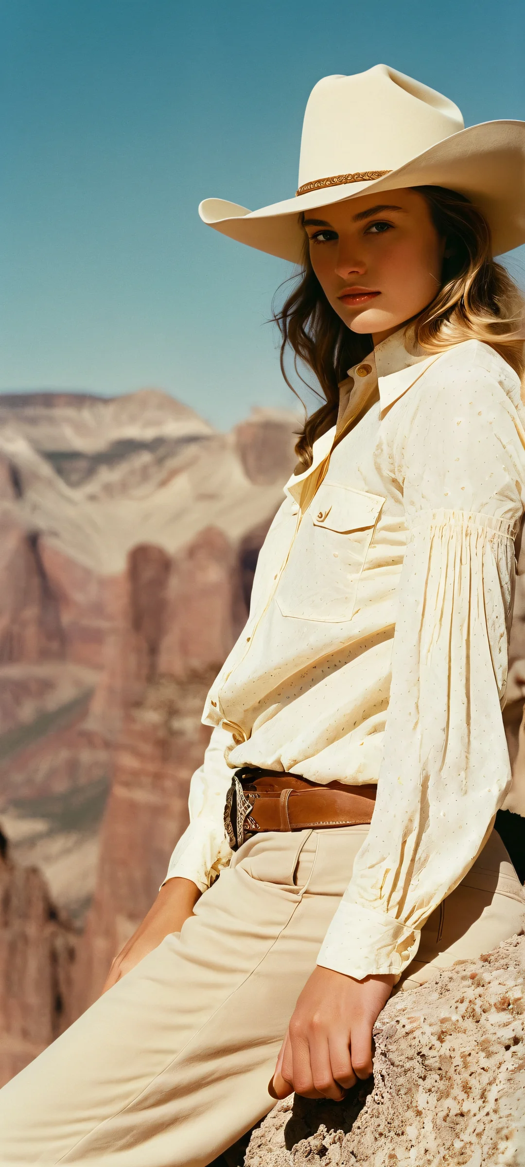 A serene winter scene featuring girls and a cowboy amidst majestic mountains on a sunlit day, perfectly suited for iPhone/Android home screens.