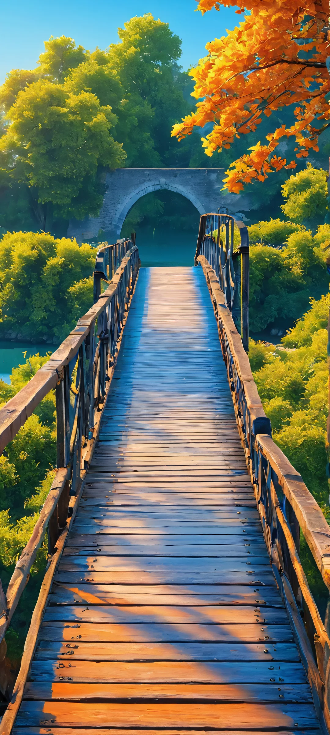 A serene iPhone and Android mobile wallpaper featuring a picturesque bridge over calm waters at daytime, with vibrant orange and blue hues.
