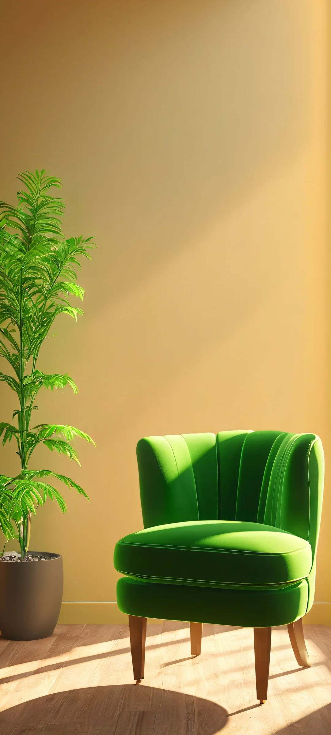 Breathtaking chair scene with warm sunlight and lush greenery, perfect for iPhone/Android home screens.