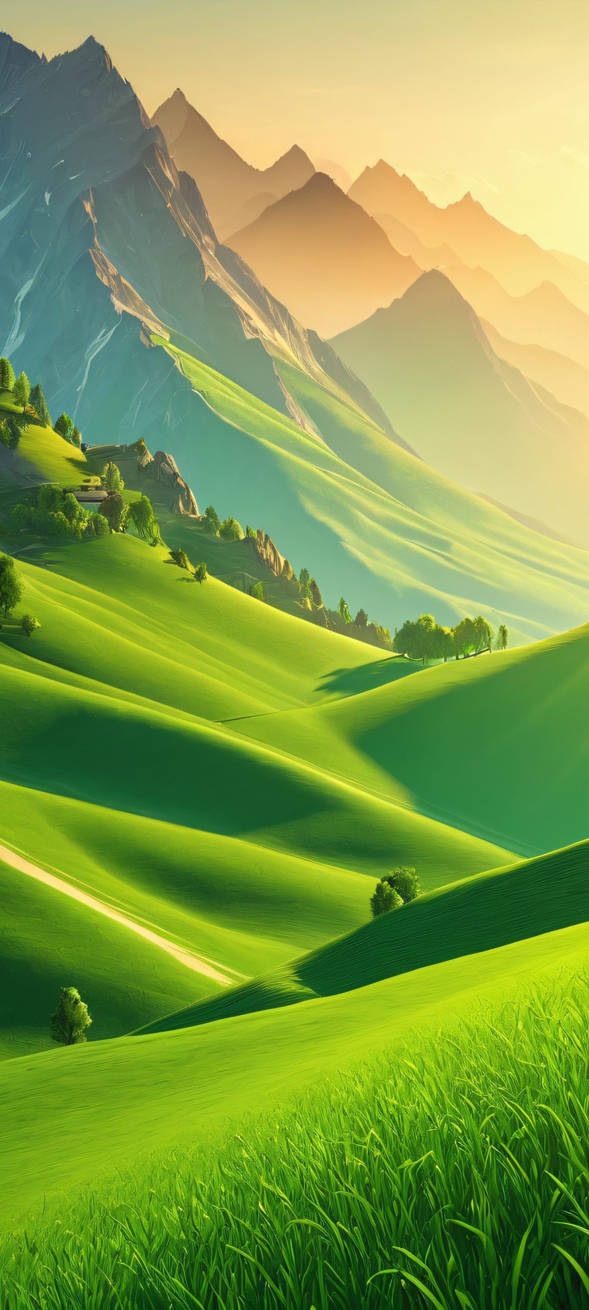 A serene mountain landscape with warm sunlit hues, perfect for your iPhone or Android home screen.