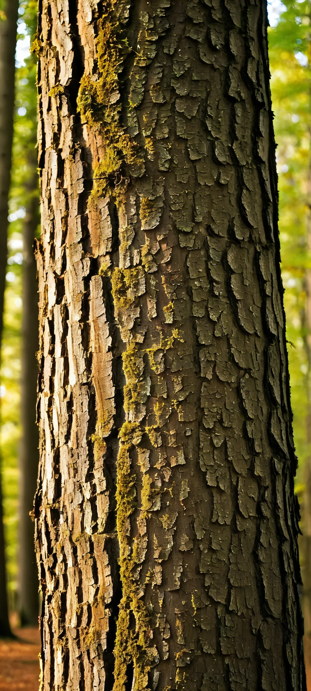 Sunlit Tree Trunk 2K QHD Home Screen iPhone and Android users will love this stunning vertical mobile phone wallpaper featuring a sunlit tree trunk in a moody dark forest, with piercing sunlight and earthy tones.