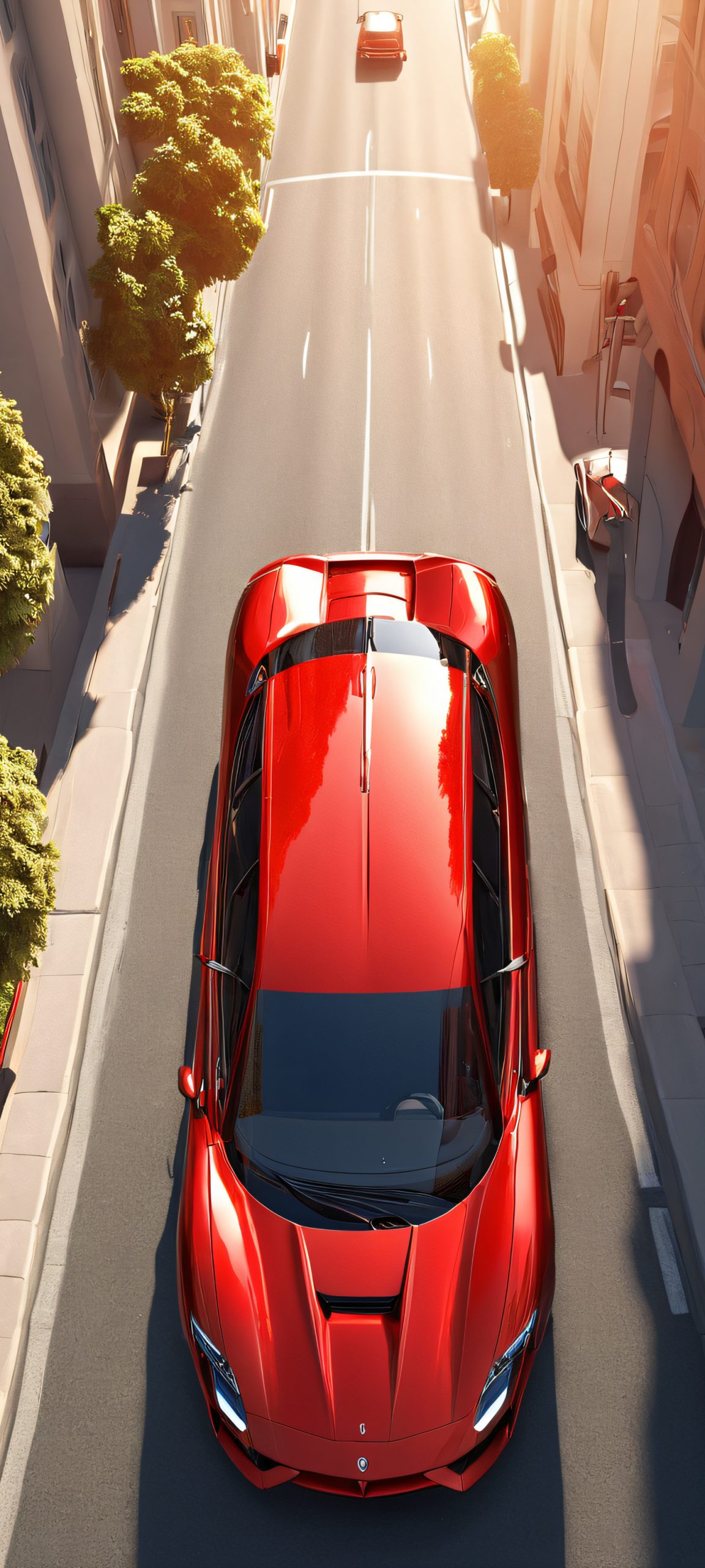 Realistic cityscape with a red car driving on a sunny day, perfectly optimized for iPhone, Samsung Galaxy, and Android home screens
