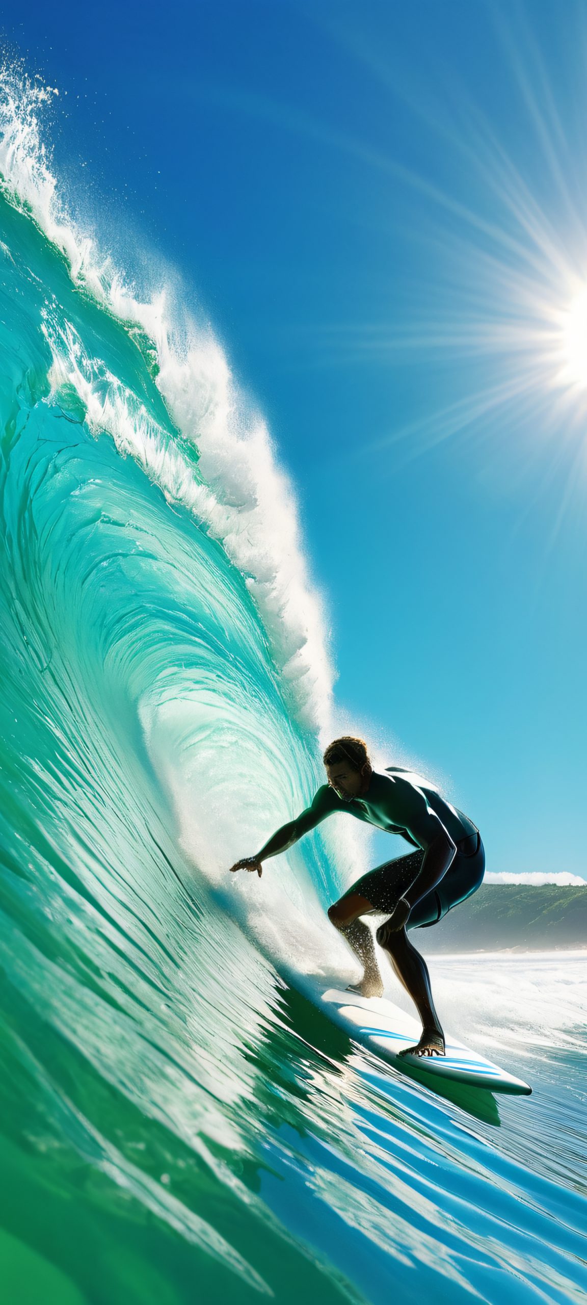 A majestic surfer rides the waves on a sunny coastal day, perfectly optimized for iPhone and Android home screens