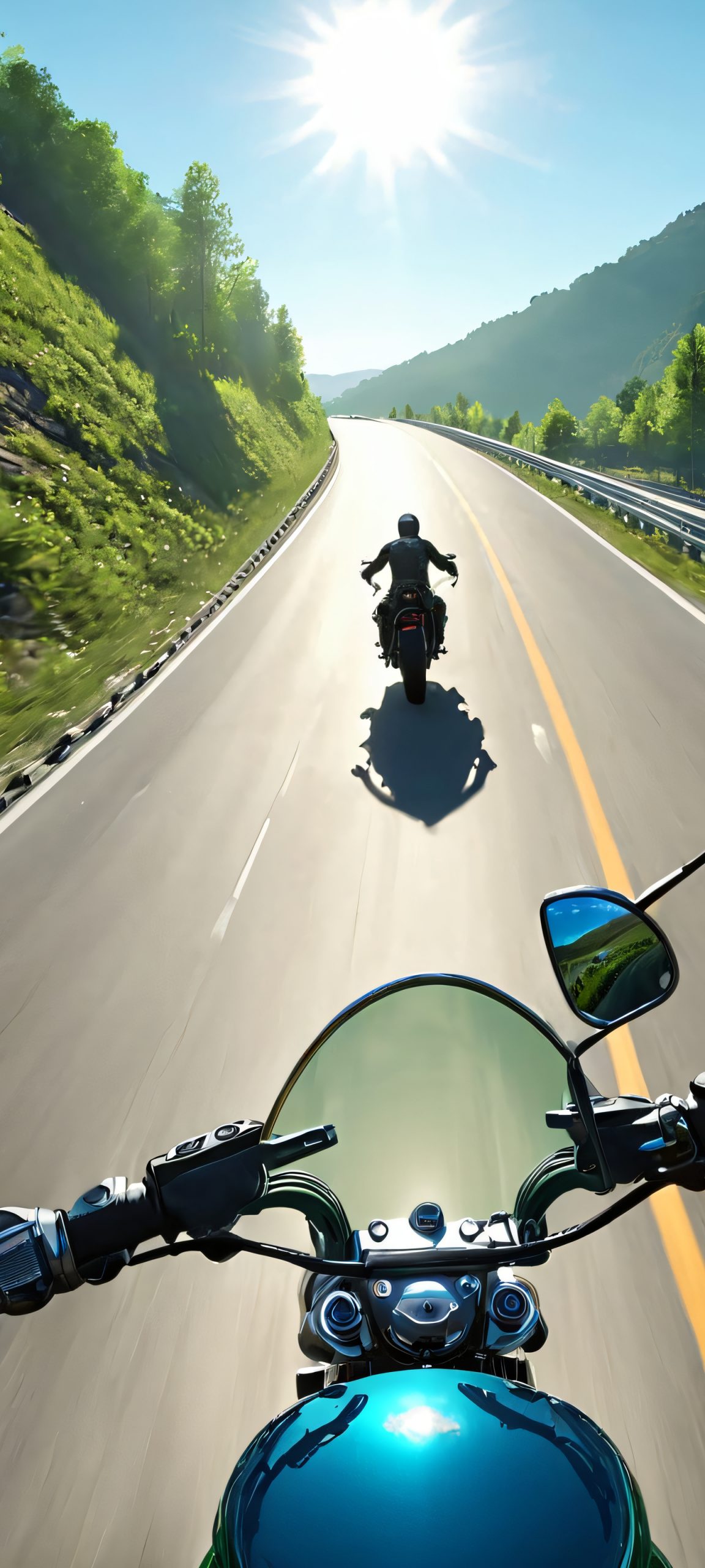 Motorcyclist on a sunny highway with green, blue, and grey scenery, perfect for iPhone and Android home screens.