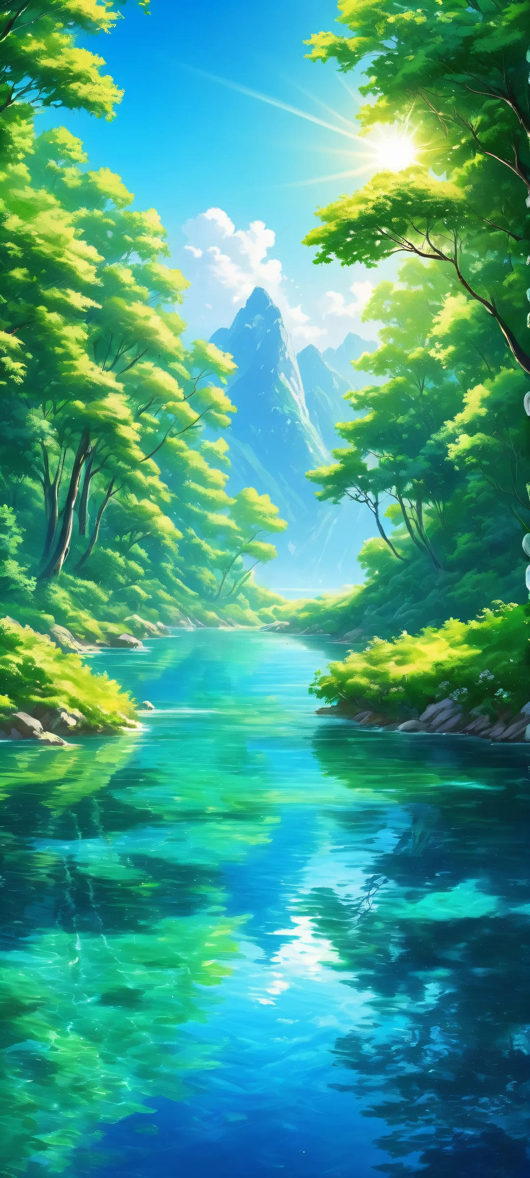 A stunning vertical mobile wallpaper of a sunny meadow scene on iPhone or Android, featuring lush green and blue hues.