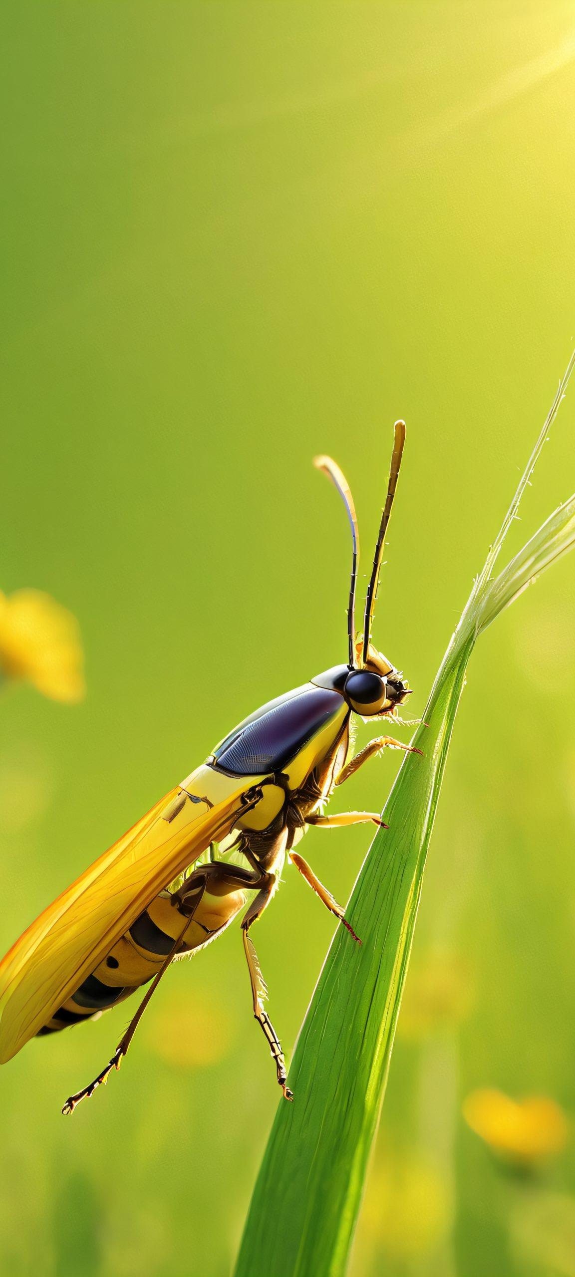 A vibrant insect surrounded by warm sunlight and lush greenery, perfect for iPhone/Android home screens.