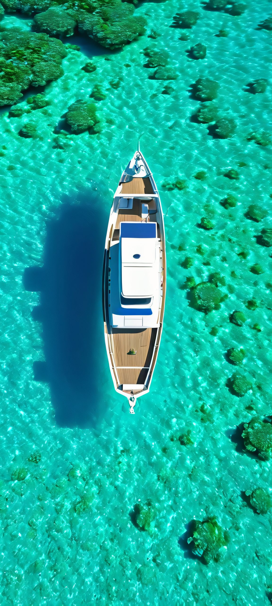 Breathtaking vertical mobile phone wallpaper of a boat amidst a stunning coral reef, perfectly optimized for iPhone, Samsung Galaxy, and Android home screens.