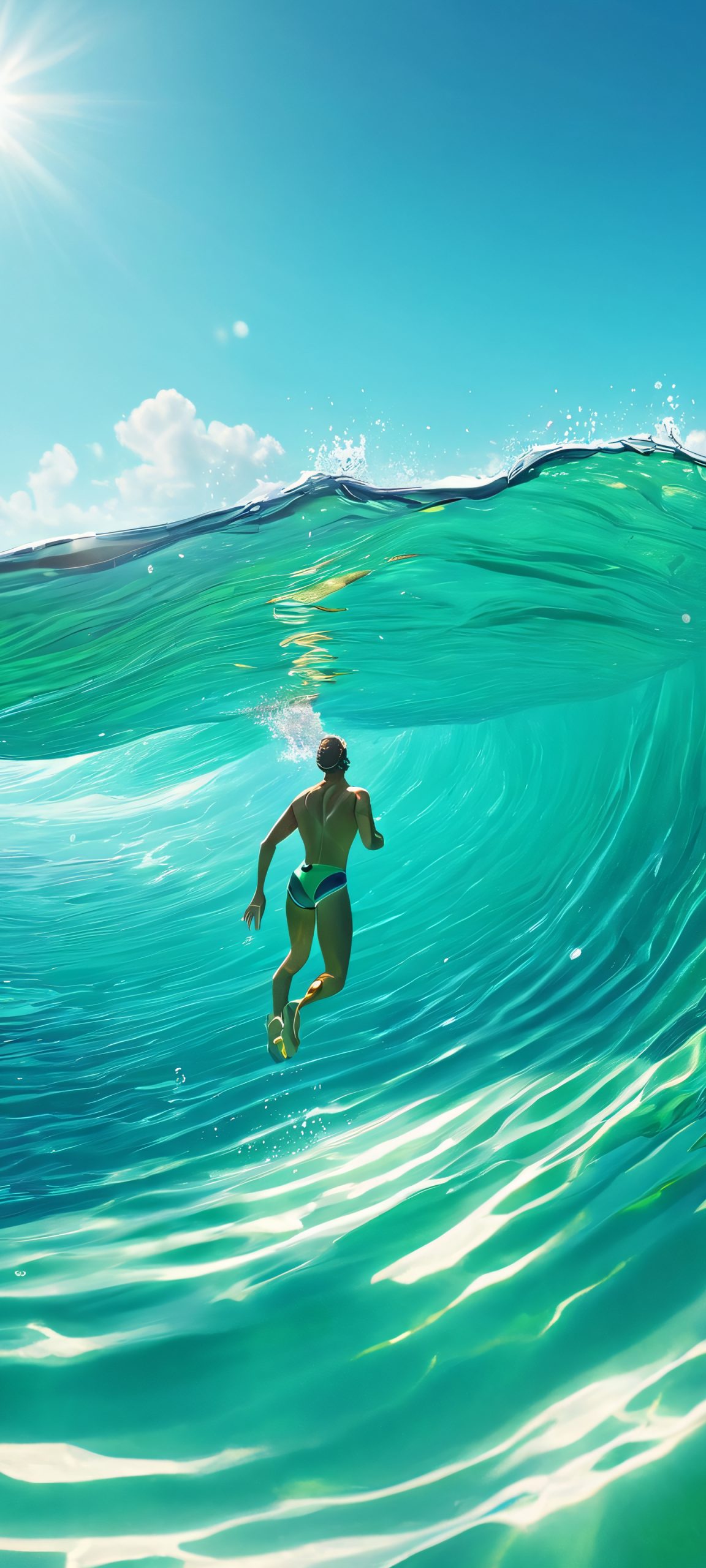 A breathtaking vertical mobile phone wallpaper of a swimmer in a sunny ocean, perfectly optimized for iPhone, Samsung Galaxy, and Android home screens.