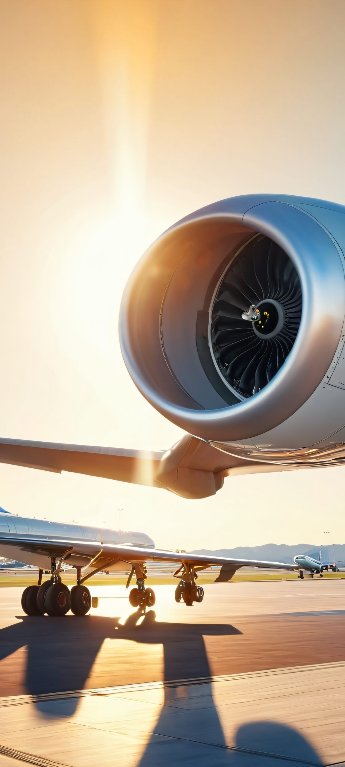 Airplane engine roaring on a sunny day at the airport tarmac, perfect for iPhone/Android home screens.
