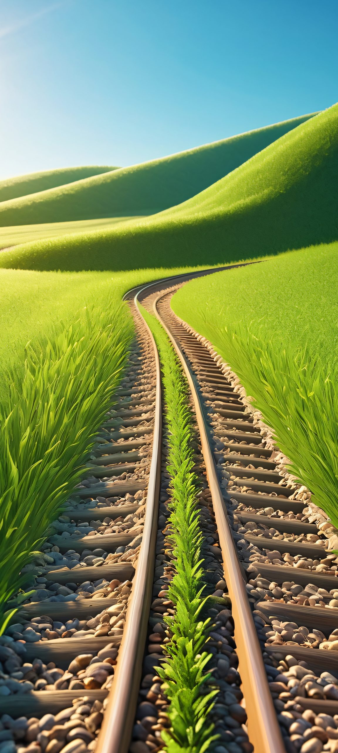 A serene and realistic landscape of a sunny trackside, suitable for iPhone/Android