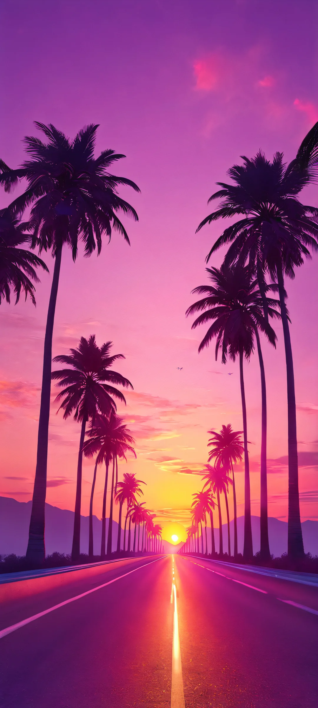 iPhone and Android users, get ready to be transported to a breathtaking sunset oasis featuring palm trees alongside a vibrant highway, perfect for your mobile device.