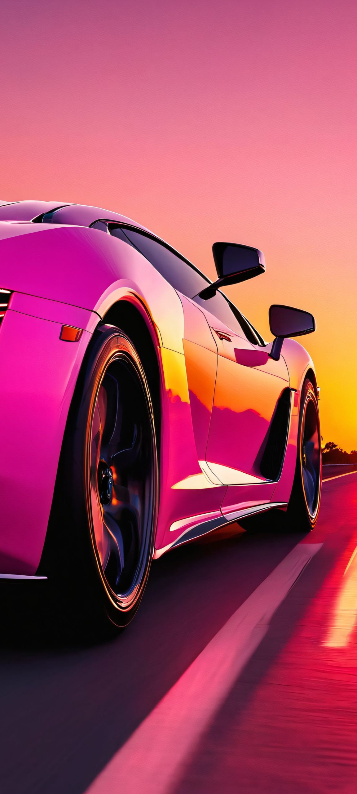 Breathtaking vertical mobile phone wallpaper of cars speeding down a road against a vibrant orange, yellow, and pink sunset sky, perfectly optimized for iPhone, Samsung Galaxy, and Android home screens.