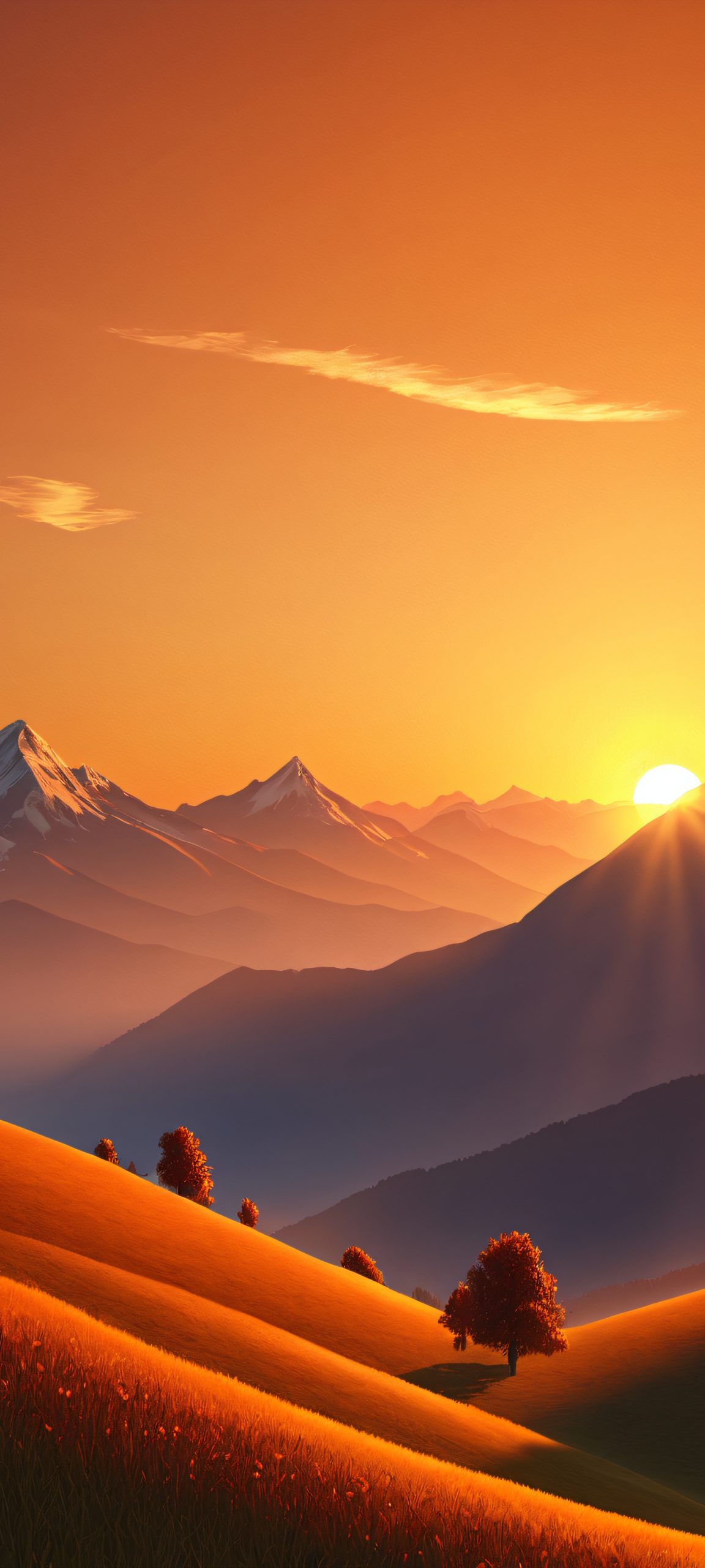 A serene iPhone/Android wallpaper of a majestic mountain sunset, perfectly capturing the warmth of the setting sun on a calm evening.