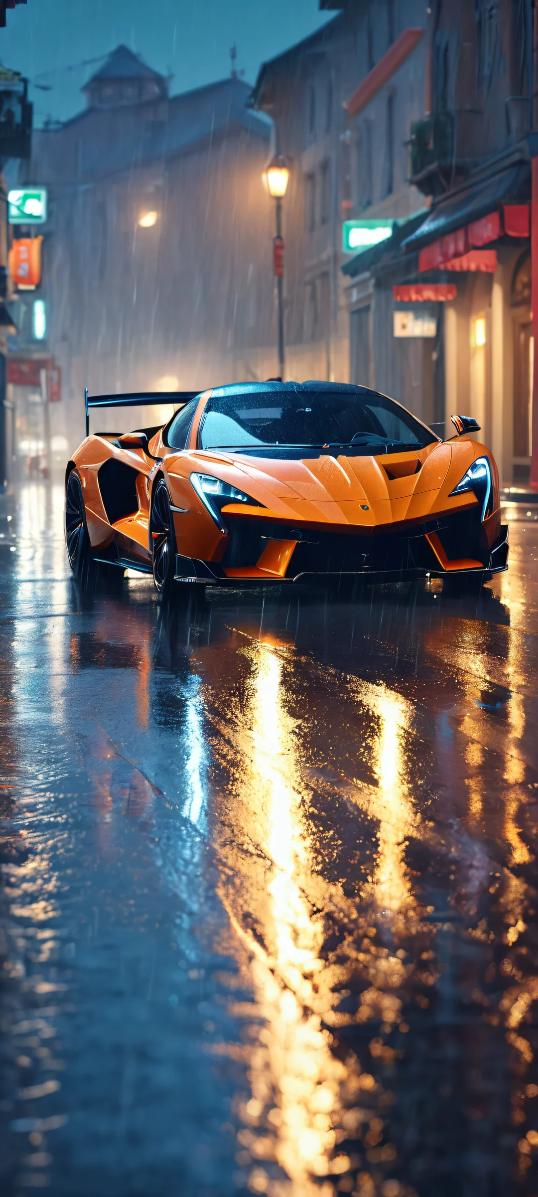 Luxurious supercar parked under the raindrops on a wet street. Perfect for iPhone and Android home screens.