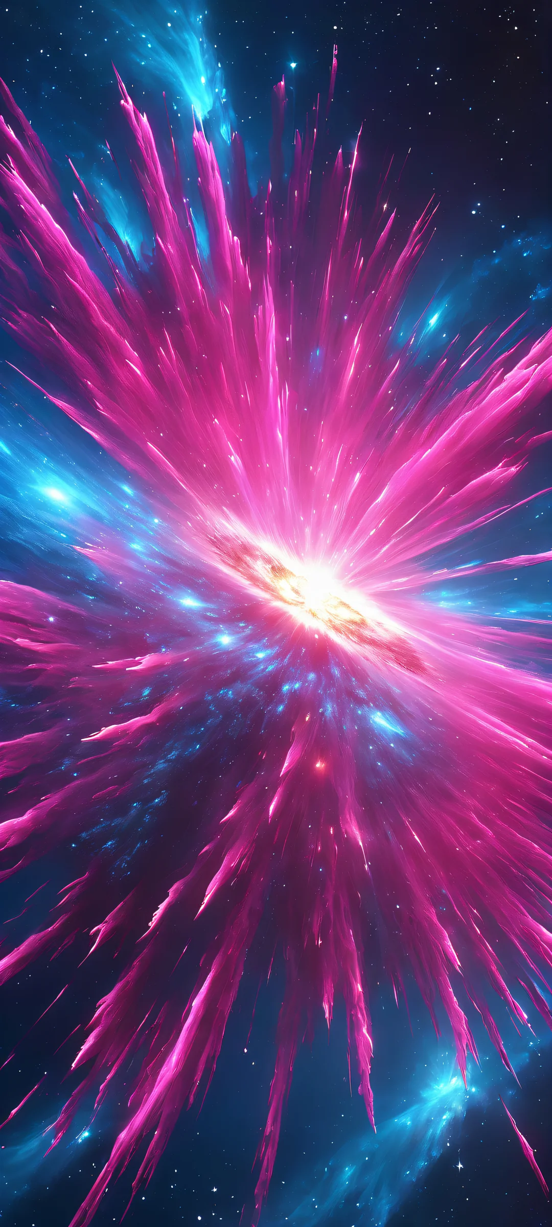 iPhone and Android users will be mesmerized by this stunning supernova explosion wallpaper featuring ethereal colors of neon pink, electric blue, and galactic gray. A masterpiece for home screens.