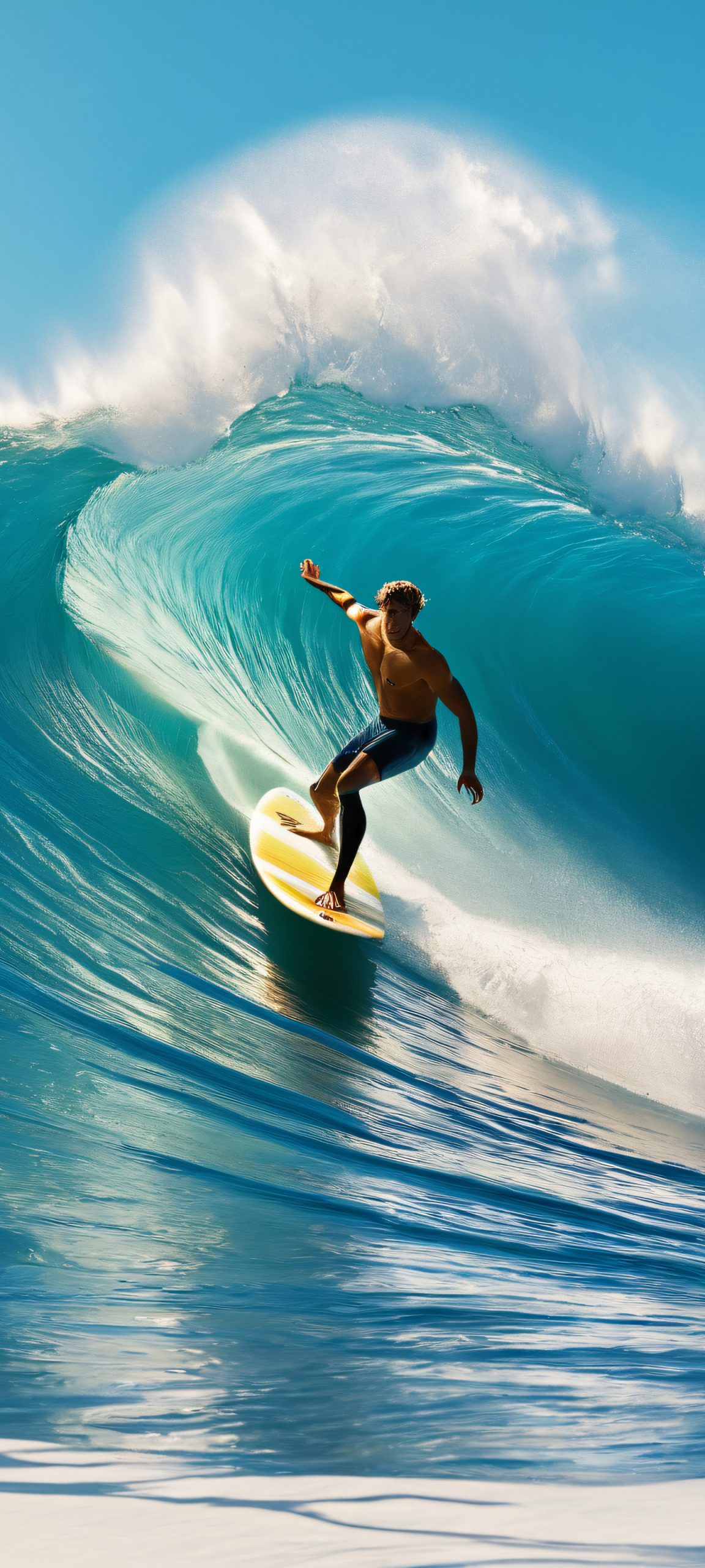 A serene coastal scene of a surfer riding the waves, perfectly optimized for iPhone and Android home screens
