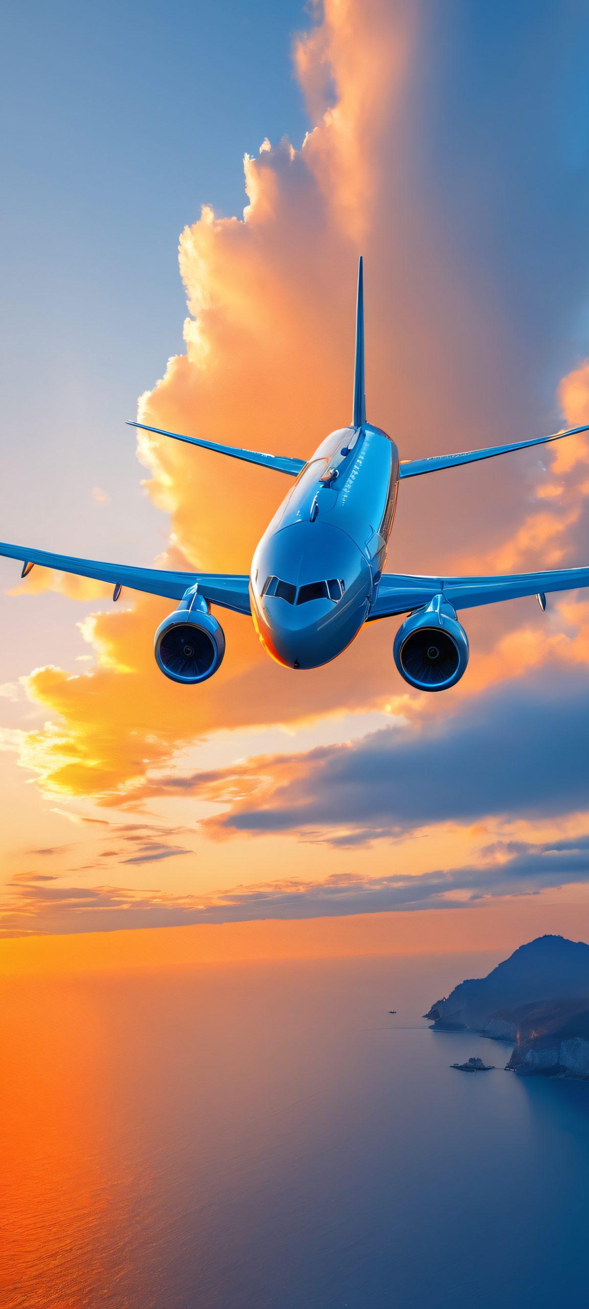 A dreamy iPhone/Android wallpaper featuring an airplane soaring above a coastal landscape at golden hour, with hues of orange, blue, and grey.