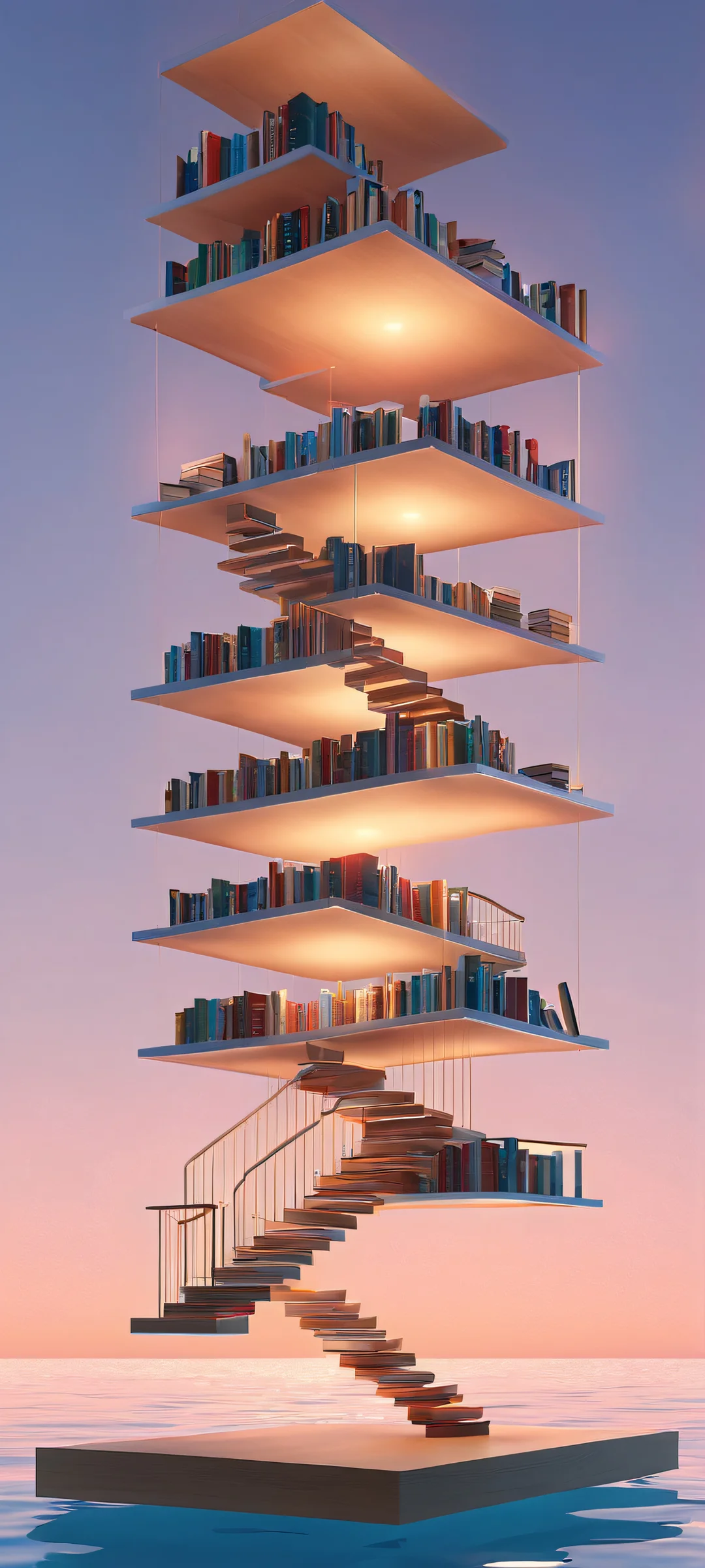Breathtaking floating library illustration for iPhone and Android devices. Soft glow and endless shelf provide a sense of serenity.