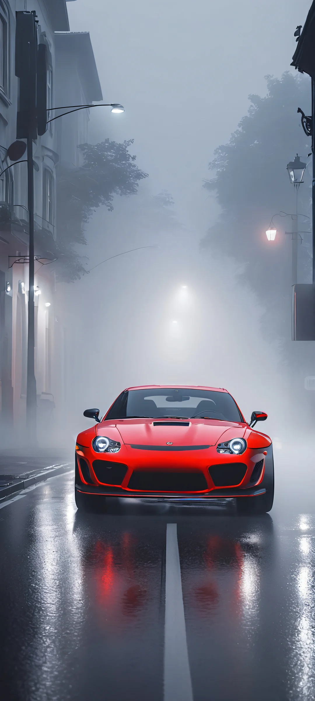 Surreal Cityscape at Dusk QHD Smartphone Background iPhone and Android users will love this foggy street scene with a car lit up by the flash on a dark and mysterious night.