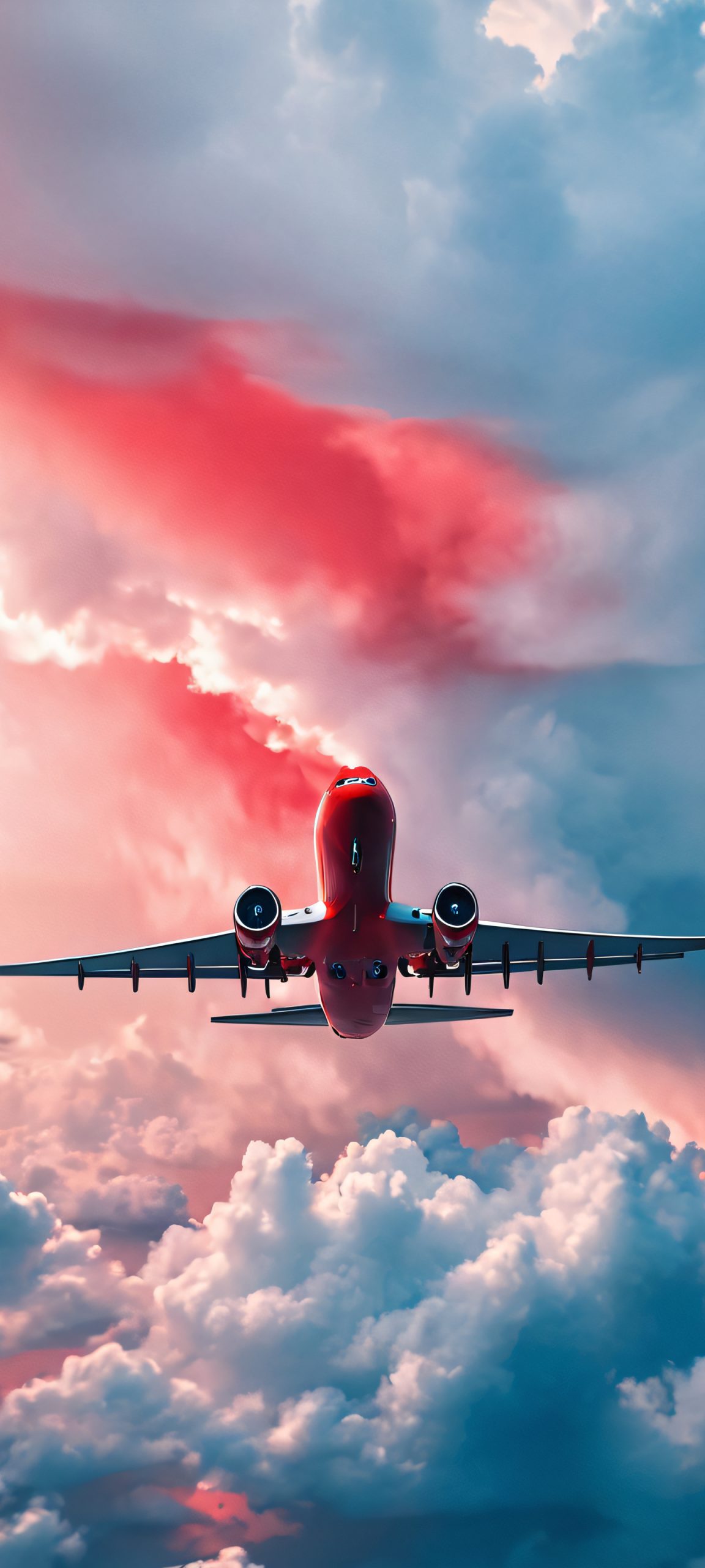 iPhone/Android users, behold! A stunning aerial landscape of an airplane soaring through cloudy skies, a surreal masterpiece.