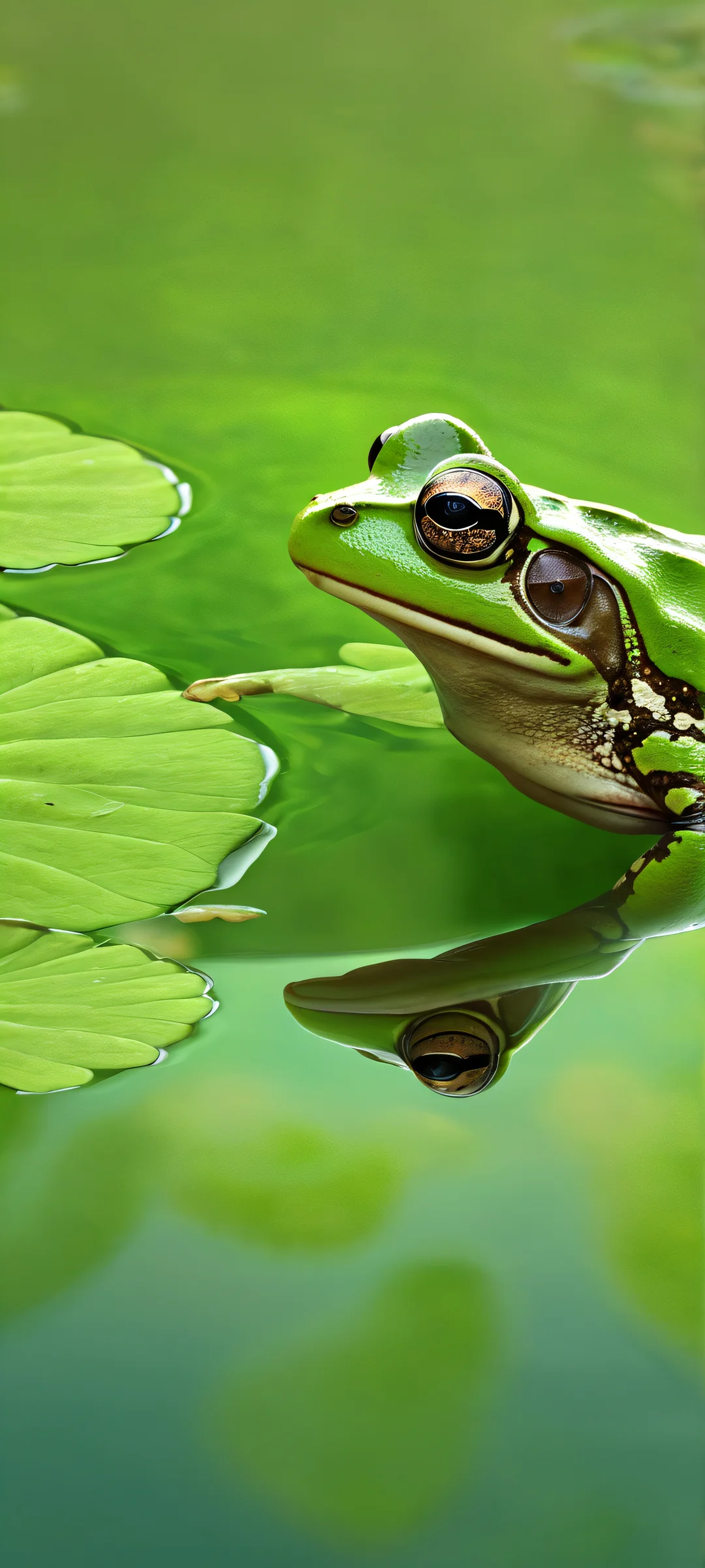 A serene frog perches softly on a water's edge, reflected in subtle shades of earthy browns and muted greens - perfect for your iPhone/Android home screen.