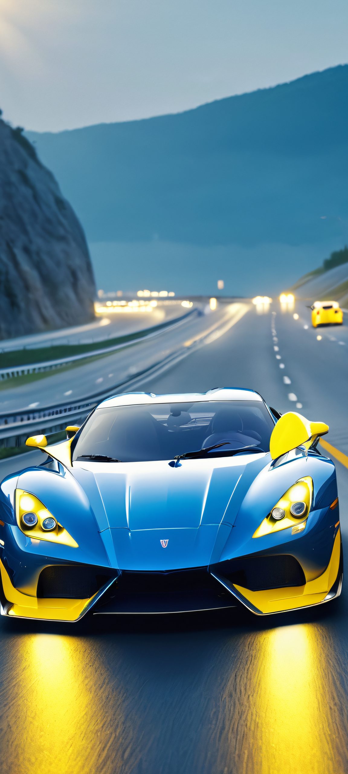Surreal highway night car wallpaper for iPhone and Android, featuring bright blue, yellow, and white headlights, a masterpiece for mobile home screens