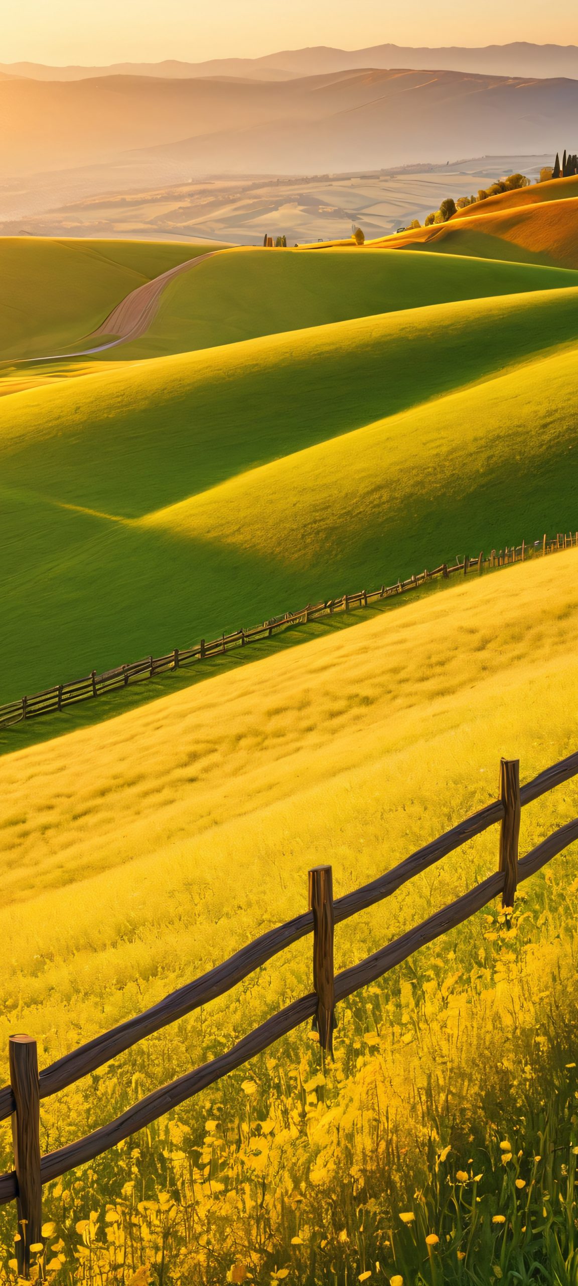 iPhone and Android users, experience the breathtaking beauty of a surreal hillside fence at golden hour, with lush greenery and warm golden tones.