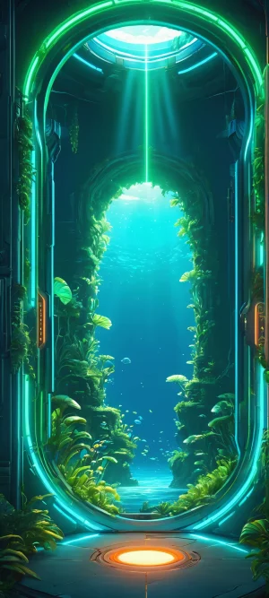 A stunning underwater portal scene for iPhone and Android, featuring glowing neon greens and deep blues.