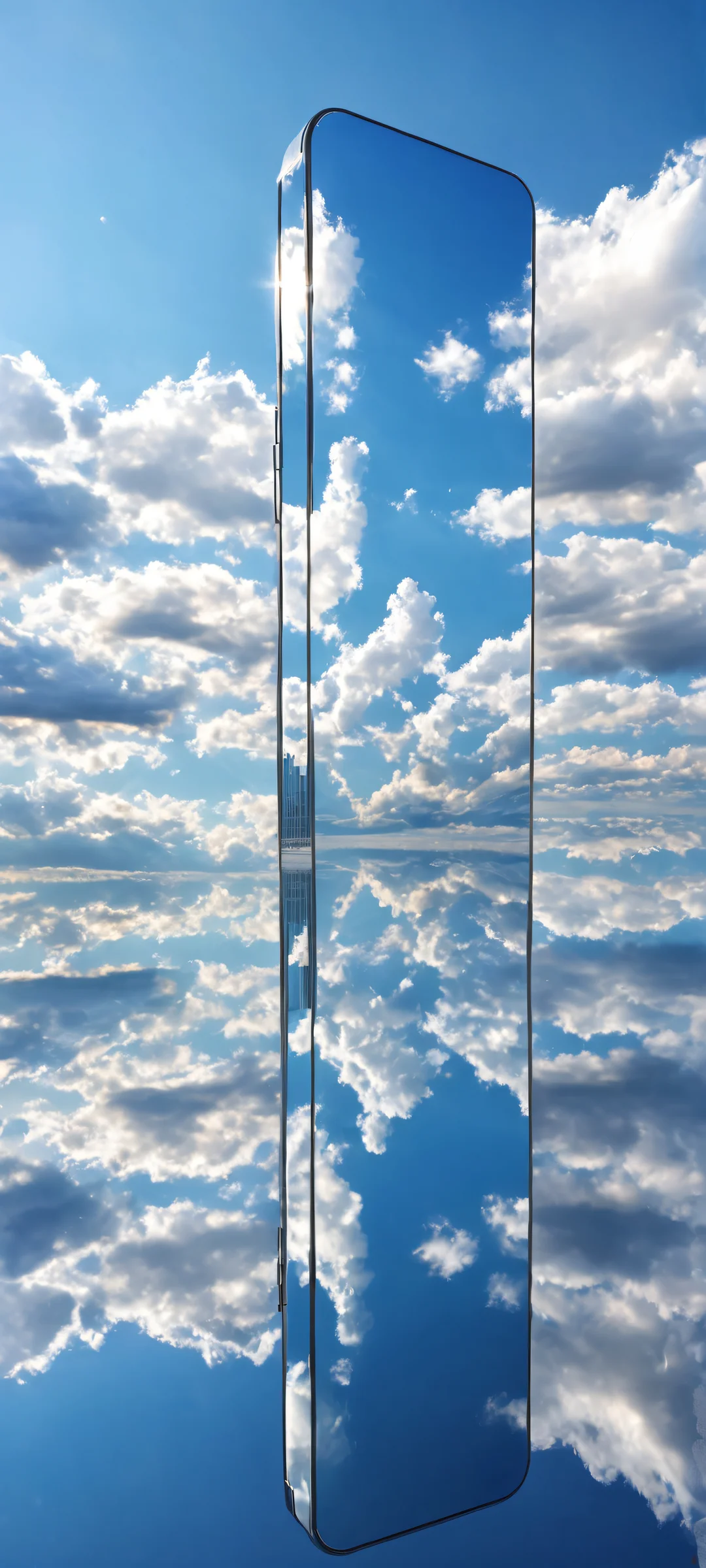 Floating mirrors reflecting the sky with soft blue and silver hues, perfectly optimized for iPhone/Android home screens.