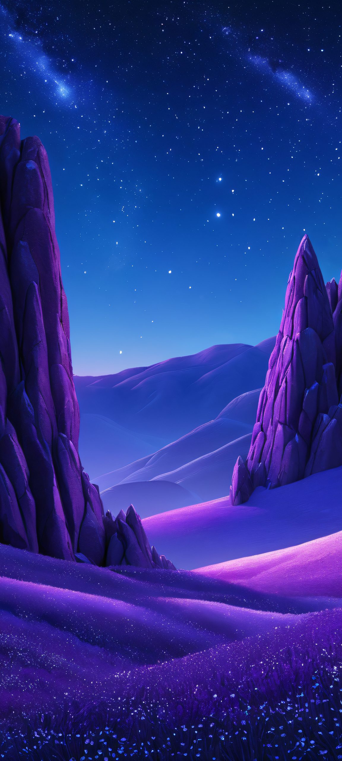 iPhone and Android mobile phone wallpaper featuring stunning rocky hills under a starlit nighttime sky