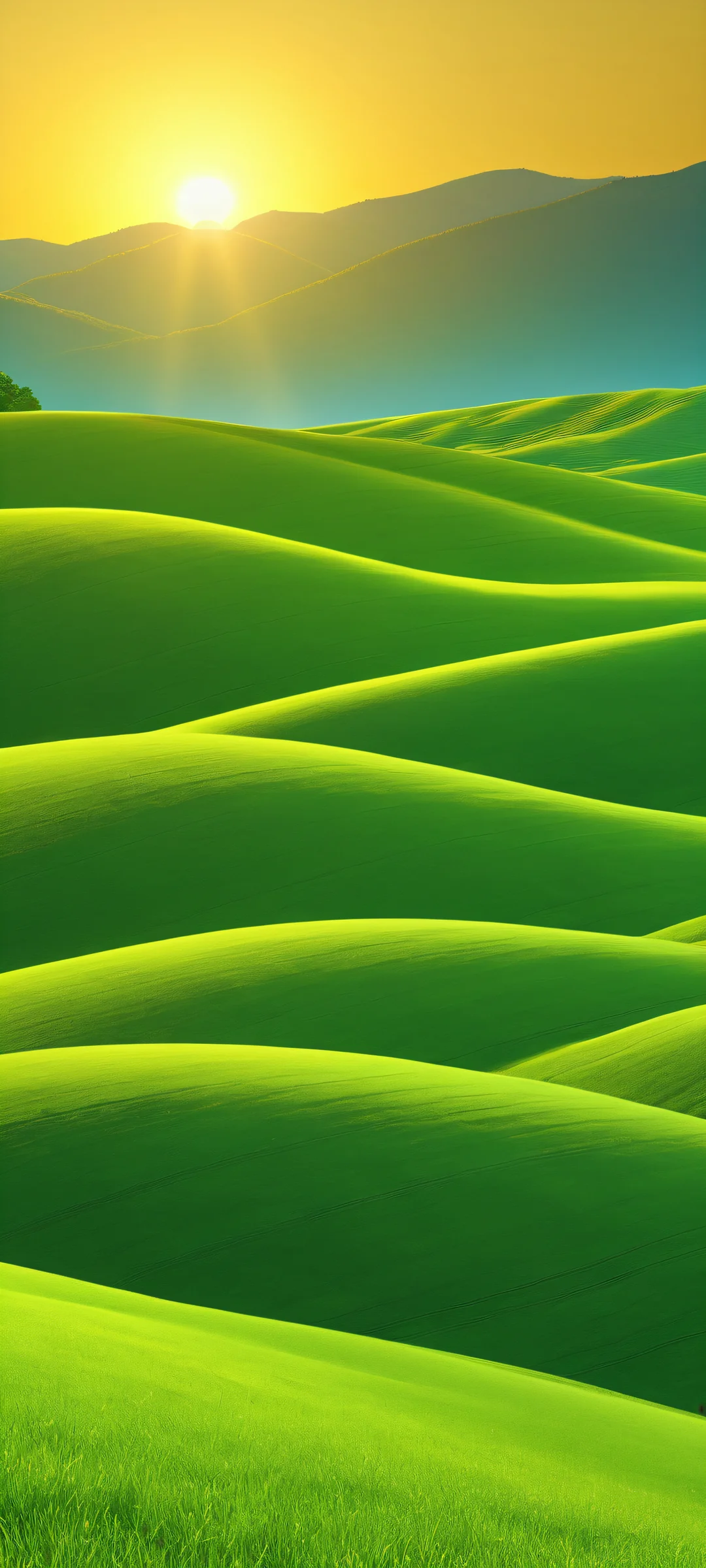 Surreal Sunset Over the Hills Lock Screen for iOS & Android Breathtaking vertical mobile phone wallpaper of hills and clear sky at sunset. Perfect for iPhone/Android home screens.